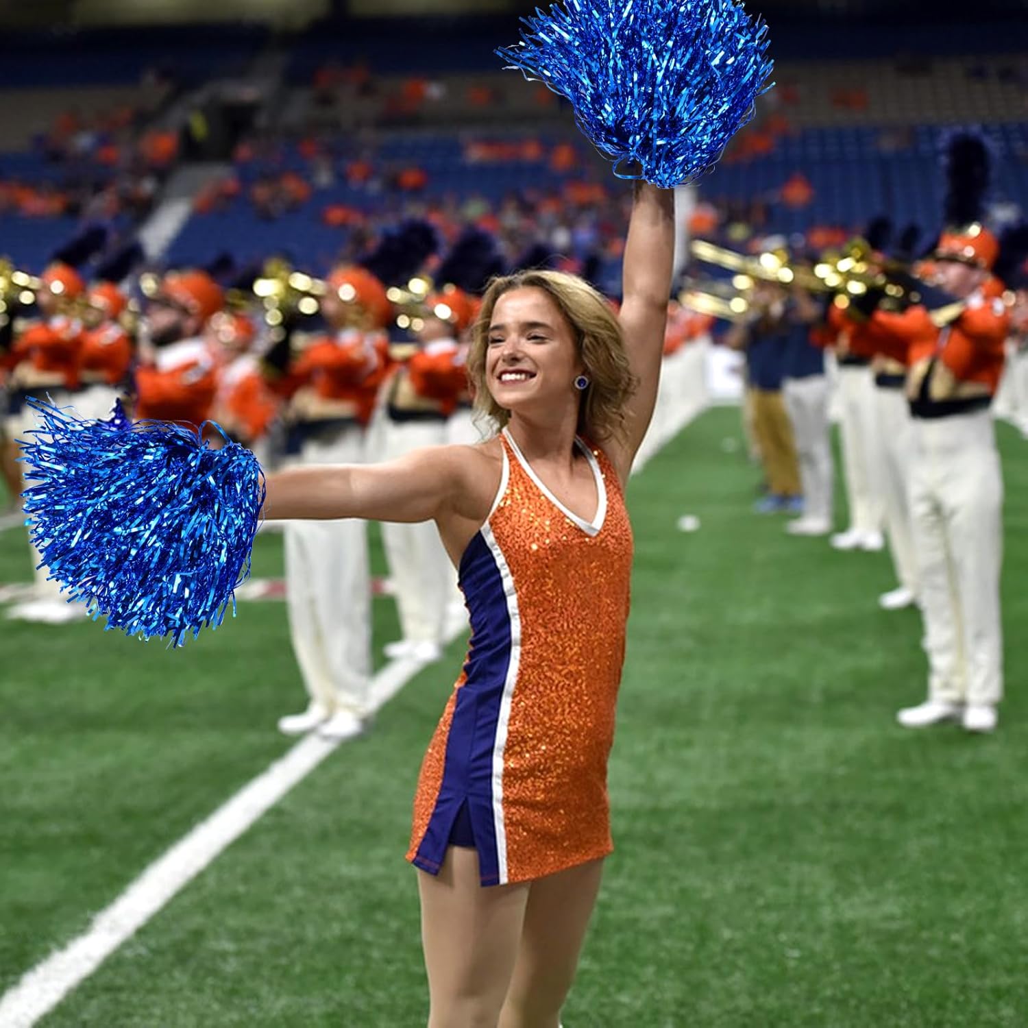 100PCS Metallic Cheerleader Pom Poms with Baton Handle for Game Sports Squads Dance Party Football Basketball