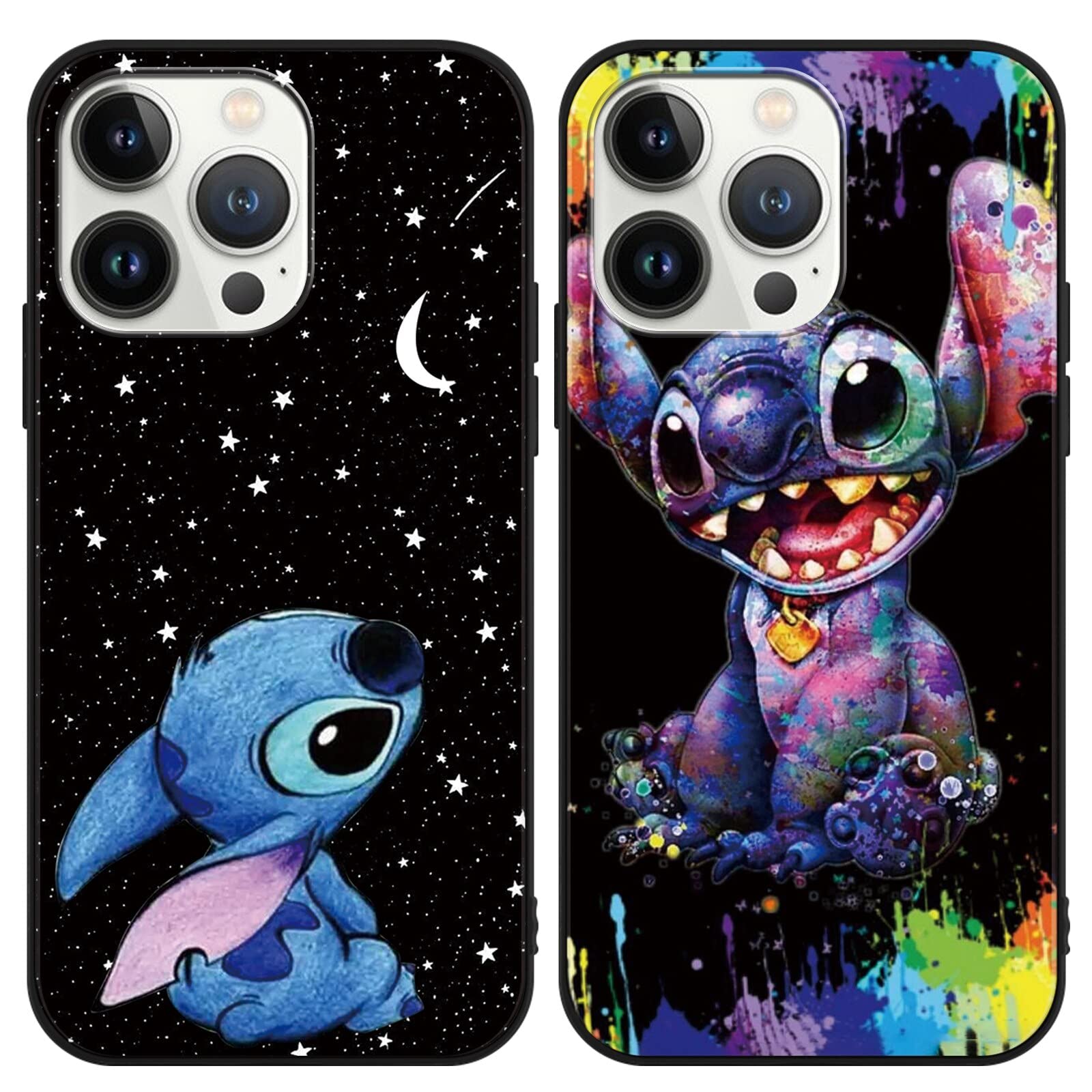 Omyzo [2 pieces Phone Case for iPhone 13 Pro 6,1",Cute Cartoon Stitch Character Fun Unique Kawaii Anime Pattern Shockproof Soft TPU Bumper Protective Balck Cover Black