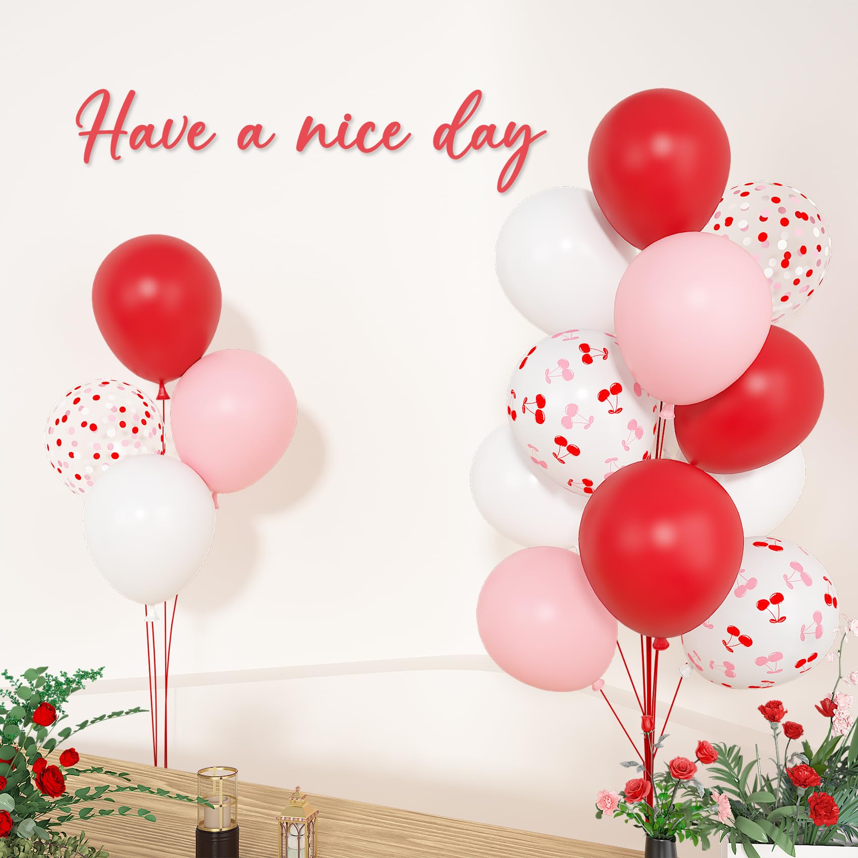 Kirschballons Set, Rot Rosa und Weiß Ballon mit 30,5 cm Kirsche Gedruckt Konfetti Ballons für Frauen Mädchen Geburtstag Party Dekoration Supplies