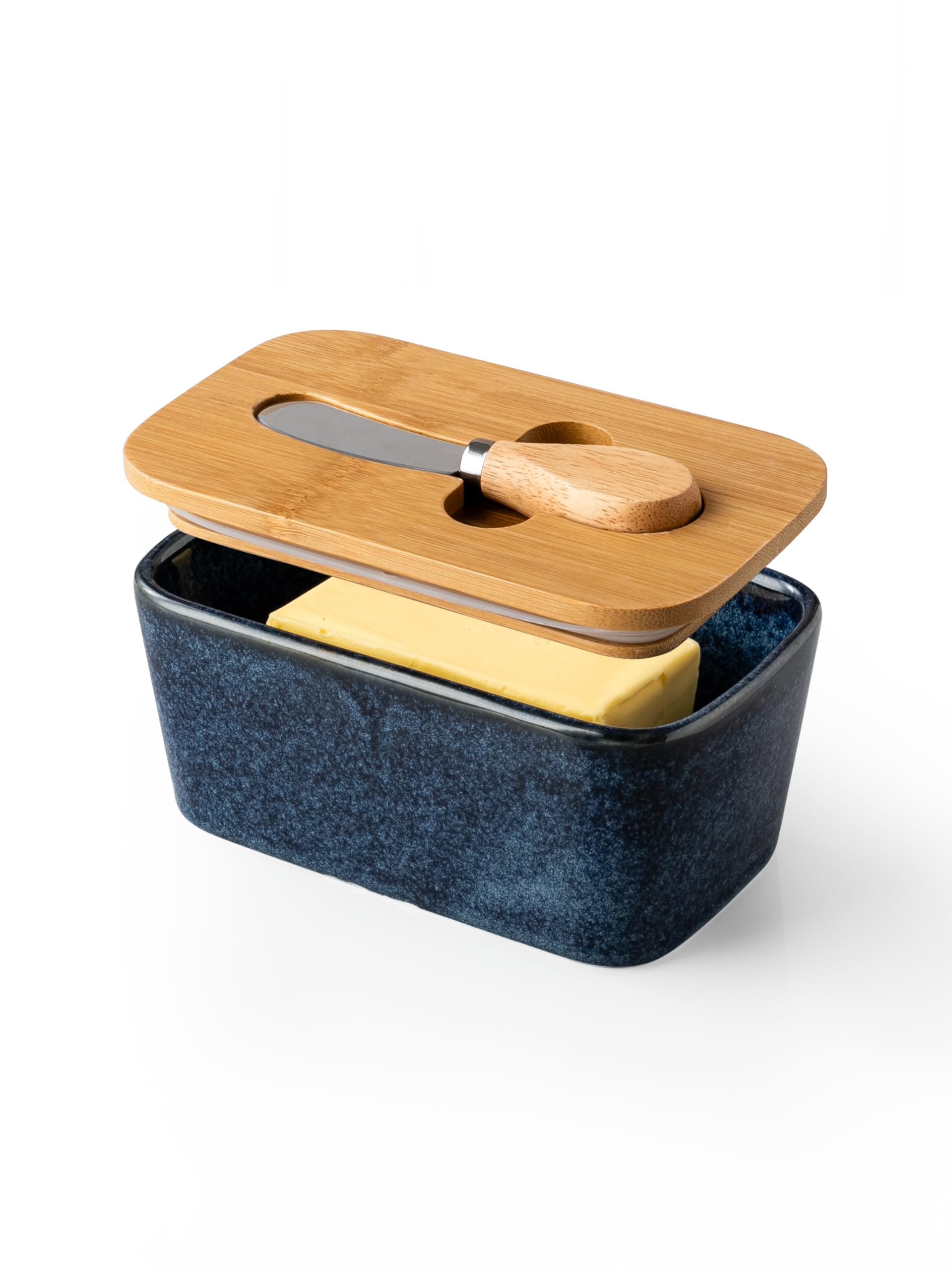 HOME DECOR Ceramic Butter Dish with lid and Knife 250g-Reactive Blue