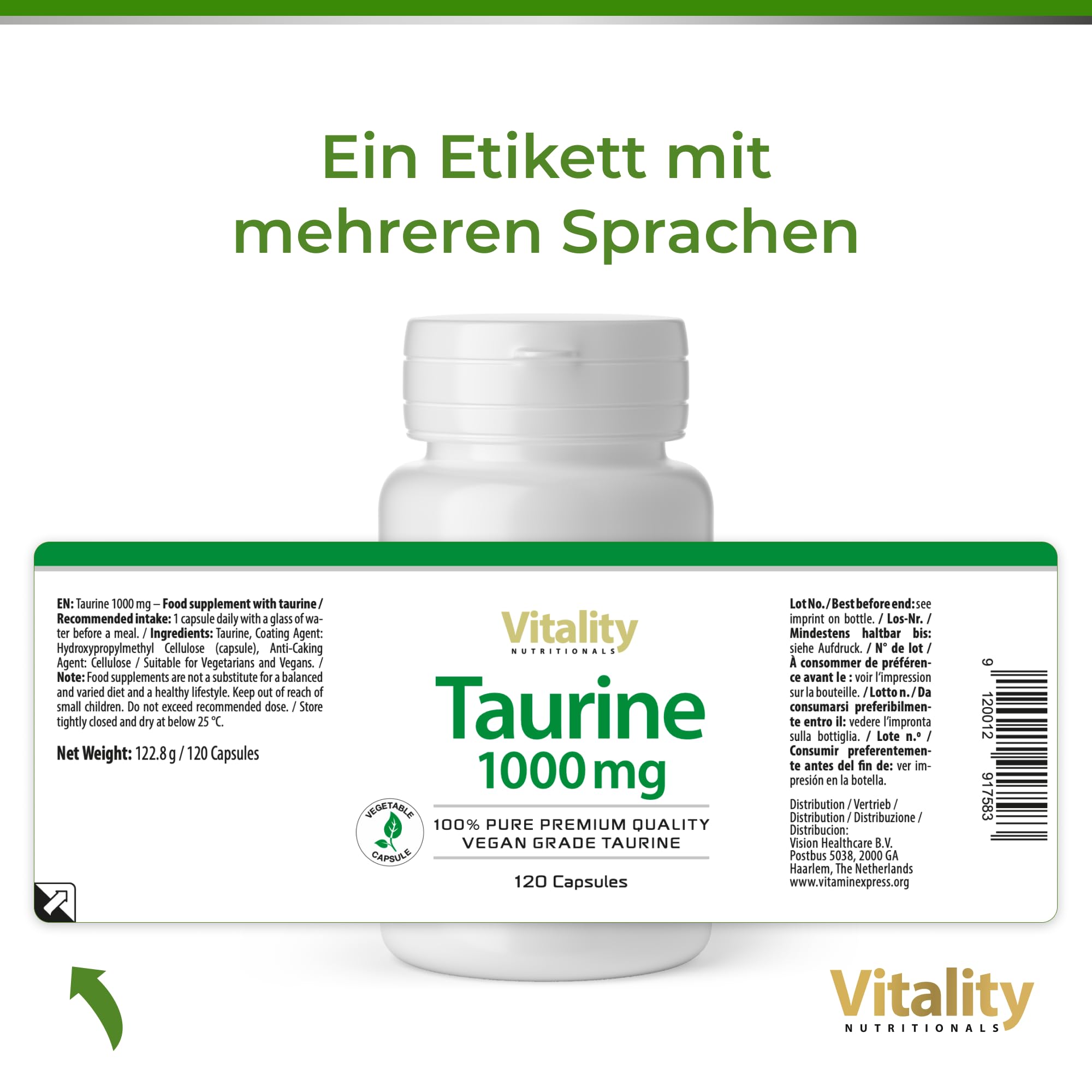 Taurin Kapseln 1000 mg. 4 Monate 1 Kapsel Pro Tag. Taurin Kapseln Hochdosiert. Pre Workout Ohne Koffein, Aminosäuren, Frei von Laktose, Gluten und Hefe, Vegan. Vitality Nutritionals by VitaminExpress