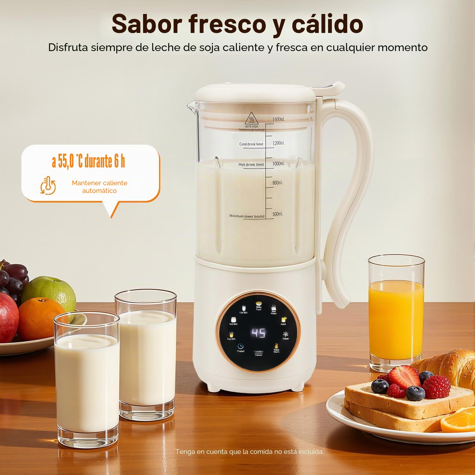 Máquina de Leche Vegetal 1.4L con Pantalla LED 16 Cuchillas Cepillo et Taza de Medición Automática para Leche de Soja Avena Almendras Yogur Milk Maker puede Aplicar Calor o Frío