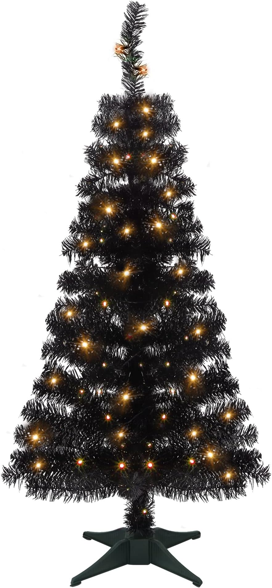 Juegoal Lighted Artificial Halloween Christmas Tree, Not Pre-lit 4 FT Black Tinsel Xmas Pine Trees, Light up with 70 LED Lights Battery Powered, 8 Modes & Timer for Home Office Party Decorations