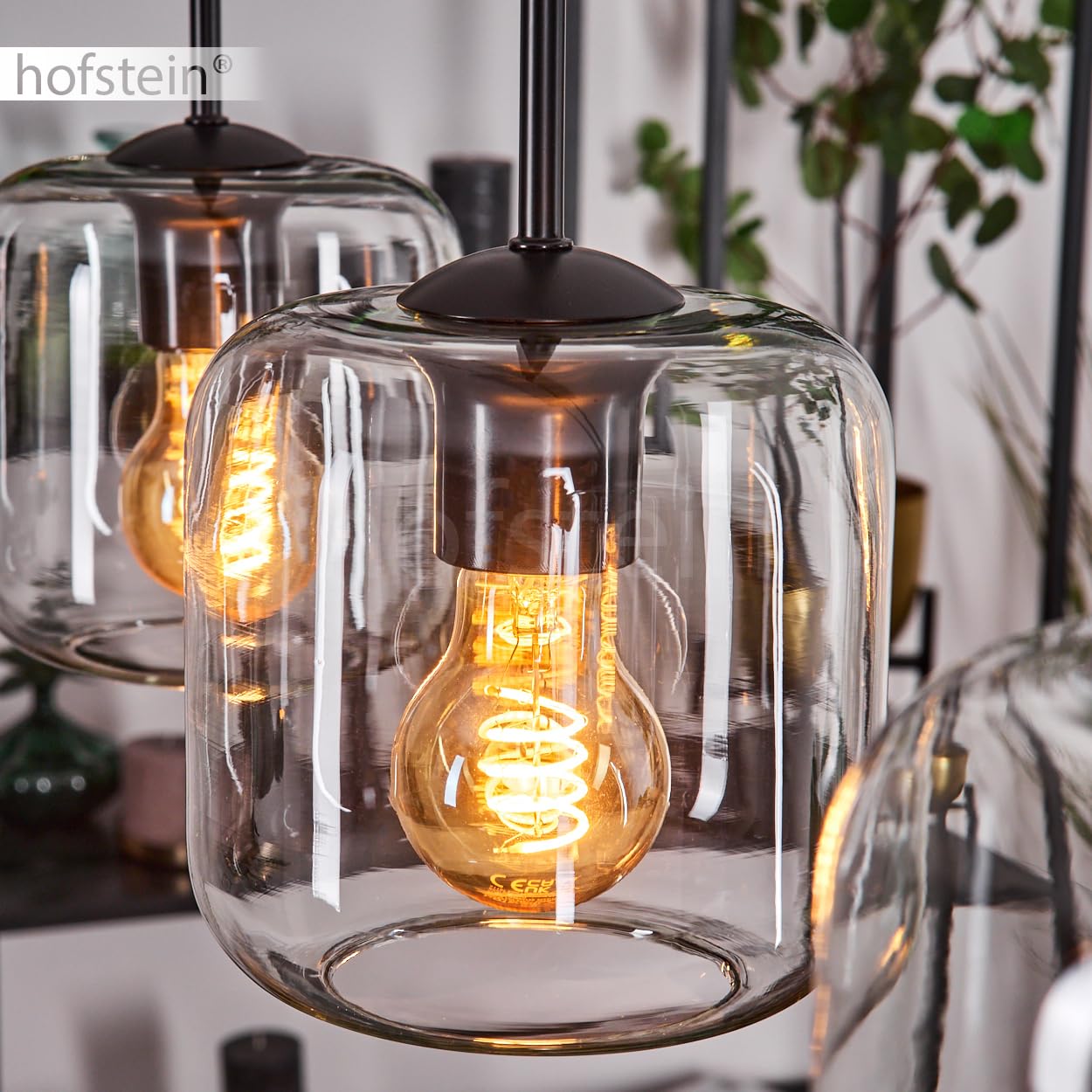 HOFSTEIN Lampadario a sospensione Lauden, 3 luci, in metallo/vetro, nero/trasparente, moderna lampada a sospensione in design retrò/vintage, diametro paralumi 20 cm, E27, sala da pranzo, cucina