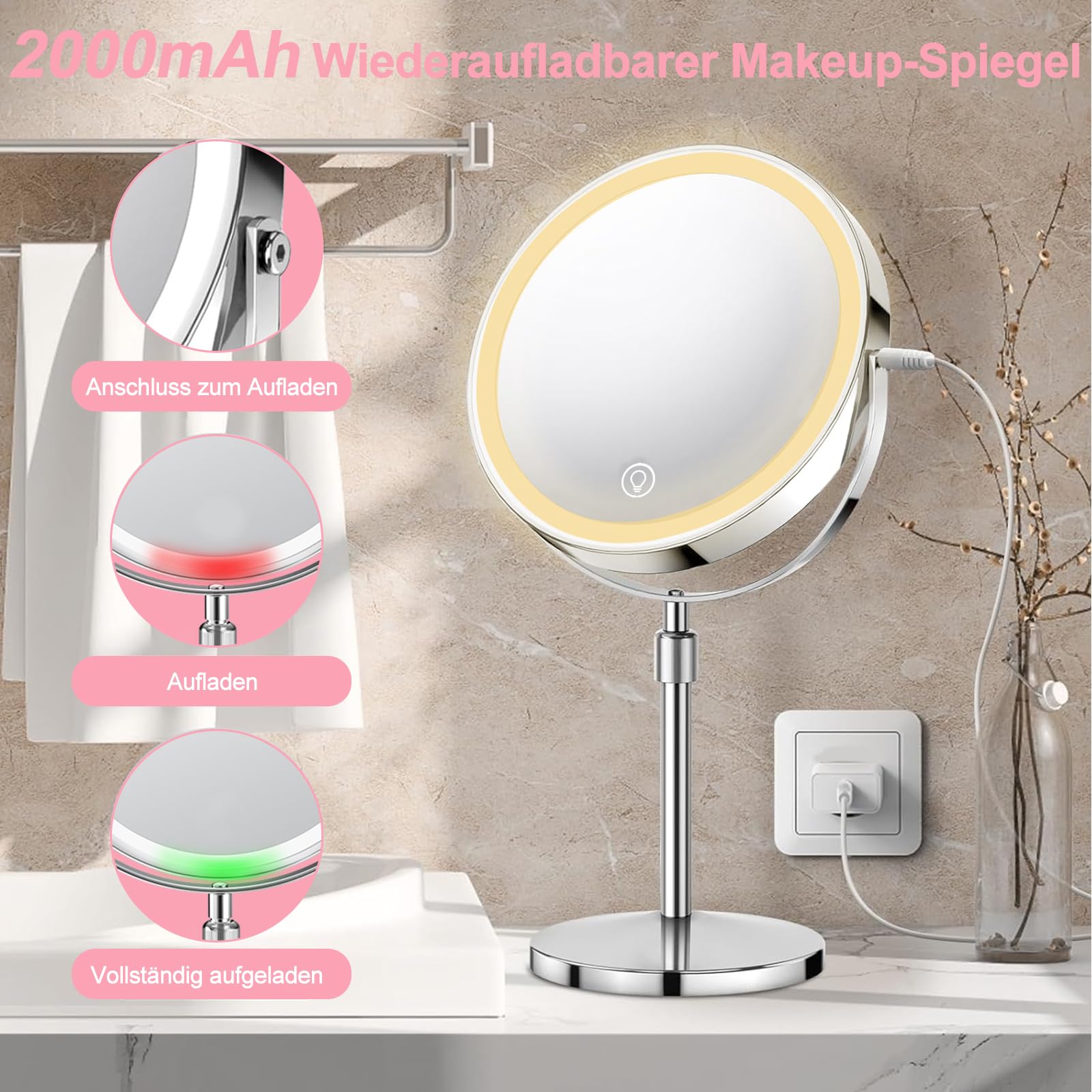 AIMAX 10X/1X Wiederaufladbarer Kosmetikspiegel mit Beleuchtung, 38-48 cm Höhenverstellbarer 8 Zoll Schminkspiegel, 3 Lichtfarben&Helligkeit Dimmbar, 360° drehbarer Doppelseitiger Tischspiegel