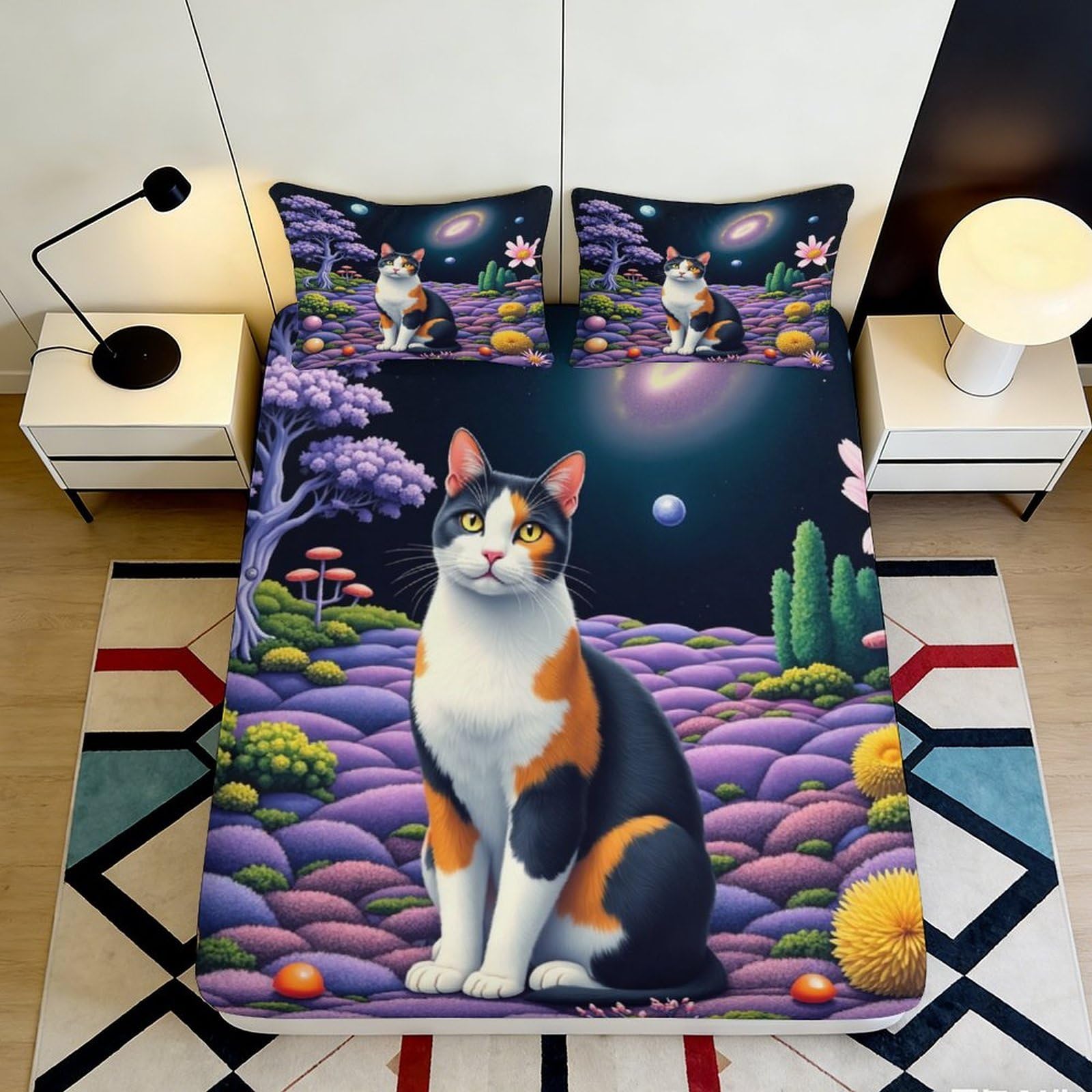 3D Printed Calico Cat Fitted Sheet Microfiber Soft Durable Space Landscape Bed Cover for Bedroom Dormitory Guest Room Mattress Protection 140x200x25cm