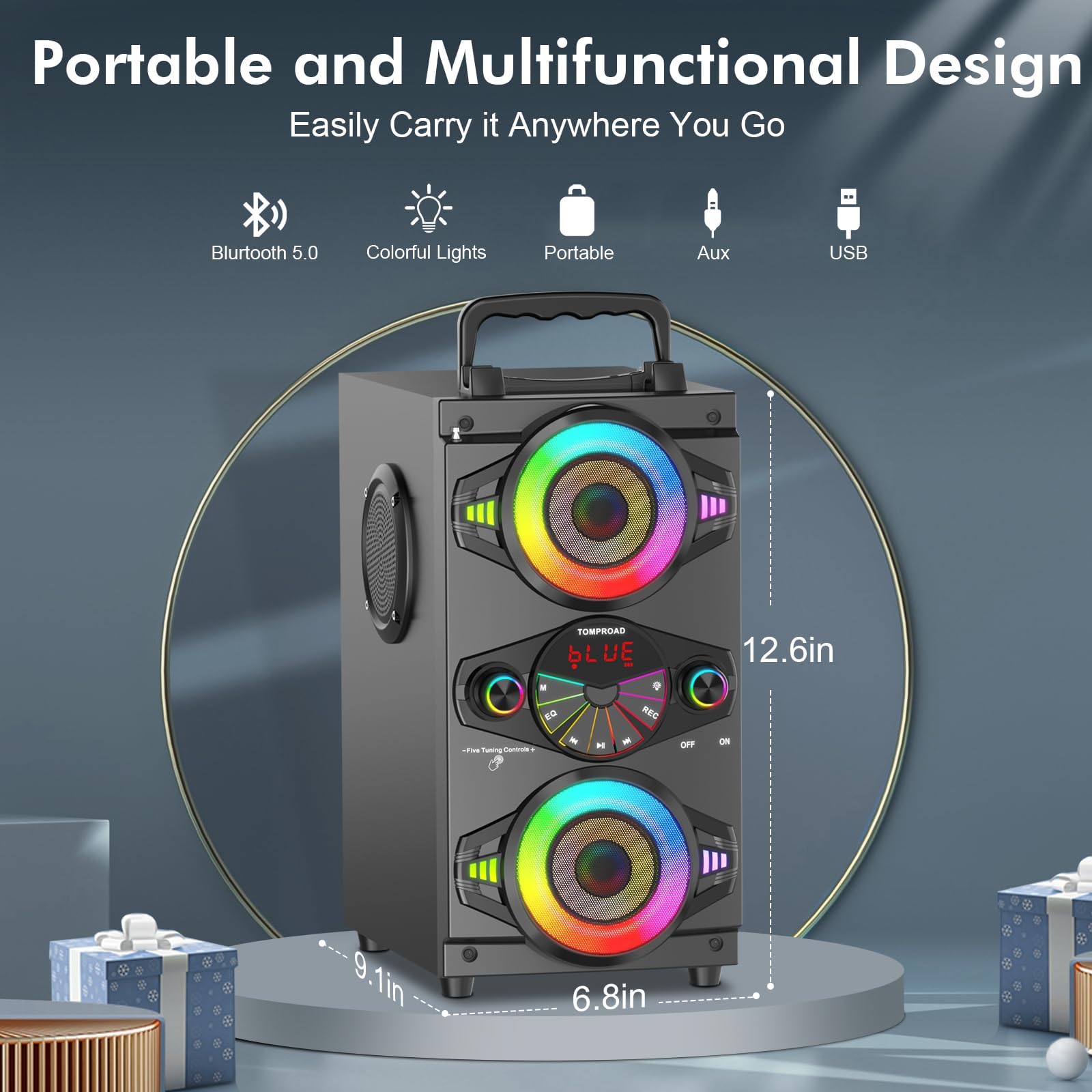 Altoparlanti Bluetooth portatili da 60 W, potenti, senza fili, suono forte, stereo, bassi, boombox, casa e feste, con subwoofer, radio FM, luci LED colorate (nero)