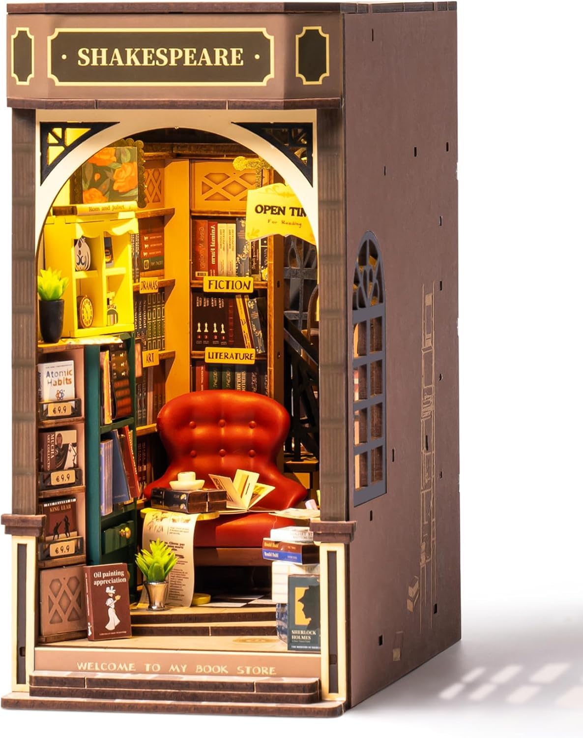 ROBOTIME Book Nook Kit Casa Delle Bambole Booknook in Legno con Luci LED, Miniatura Fai Da Te Modello di Casa Puzzle 3D, Decorazione Scaffale Regalo Di Vacanza (Libreria Shakespeariana)