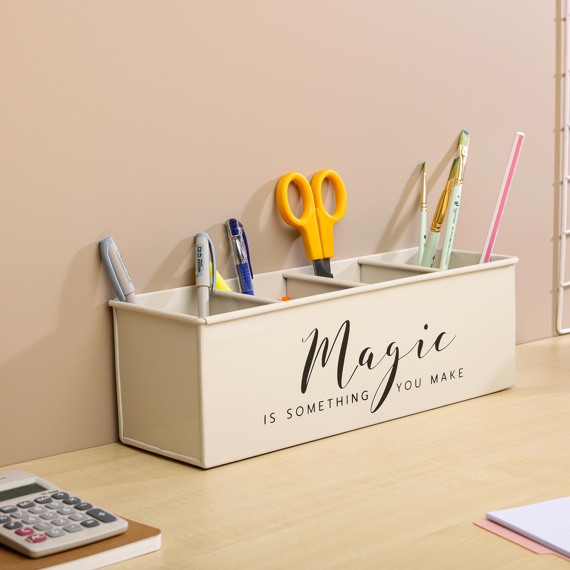 dudki Schreibtisch-Organizer mit 4 Fächern für Bürotisch | stilvoller Metall-Schreibtisch-Organizer | Schreibwarenaufbewahrung | Stifthalter für Büro, Zuhause und Arbeitszimmer (magisch) Beige