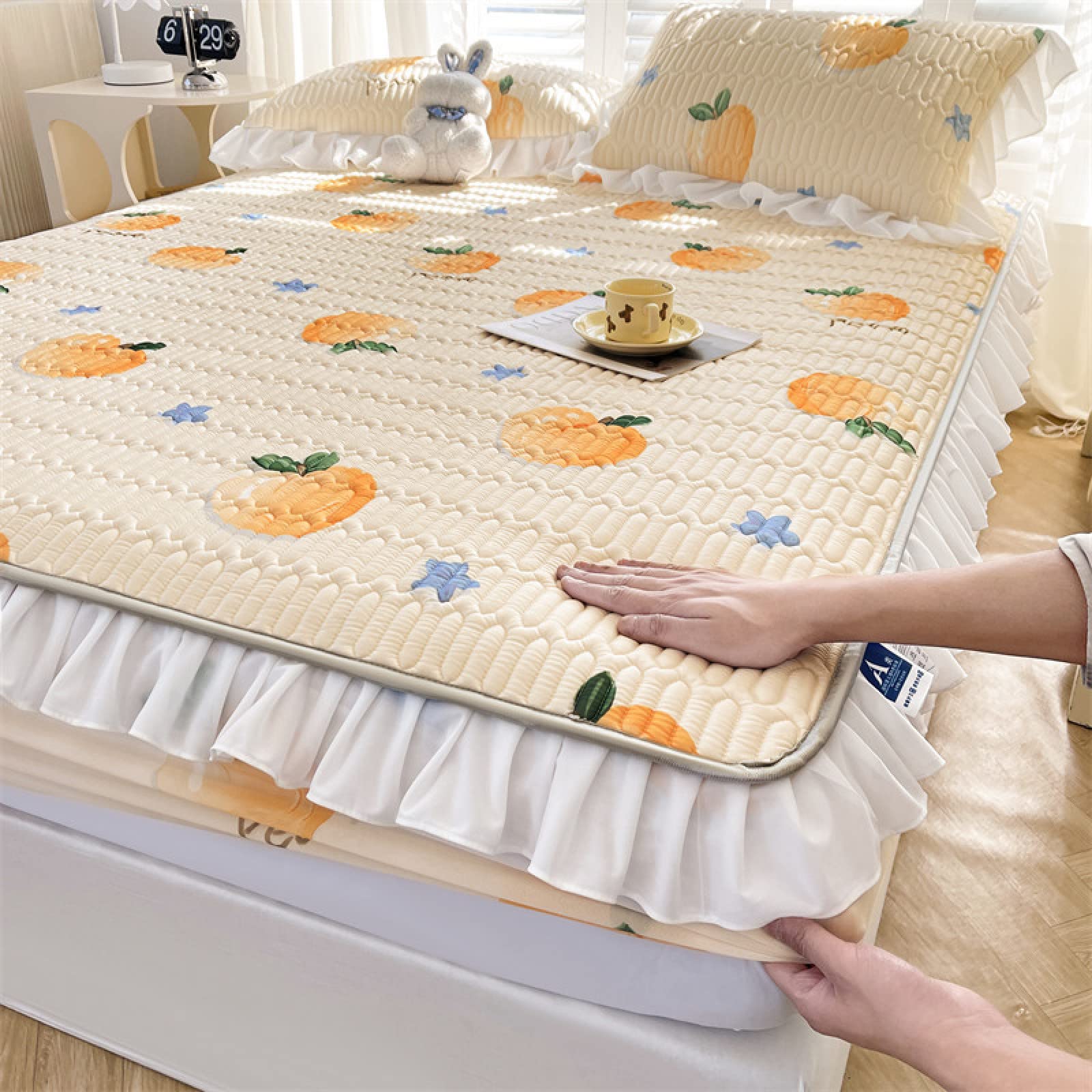 Colchón de cama doble, sábana bajera ajustable de látex grueso para verano, sábana de seda fresca, cómoda funda de cama con estampado de dibujos animados, bolsillo profundo, color melocotón, 180 x 200