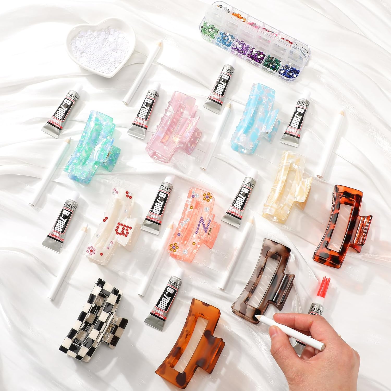 10 Sets DIY Hair Claw Clips Kit Acrylic Claw Clip with Resin Rhinestones Pearls Little Jewelry Decor for Girl's Night Sleepovers Party Supplies Aesthetic Hairpin for Women Adult Craft DIY