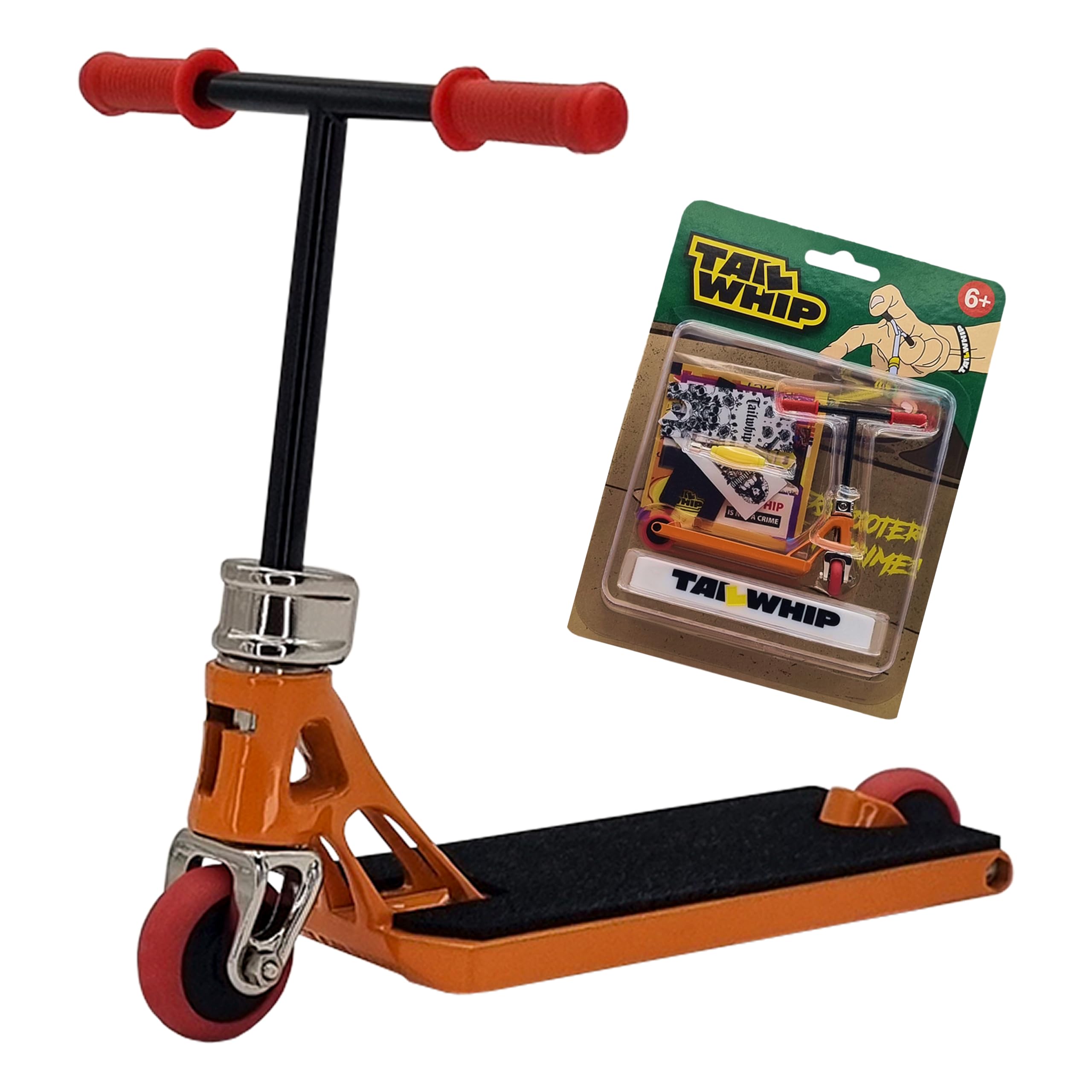 TAILWHIP PRO Finger Scooter with Ball Bearings – No Wobble Design, Smooth Ride, Customizable Deck Stickers, Durable Metal Trick Scooter for Kids & Adults, Orange Gloss