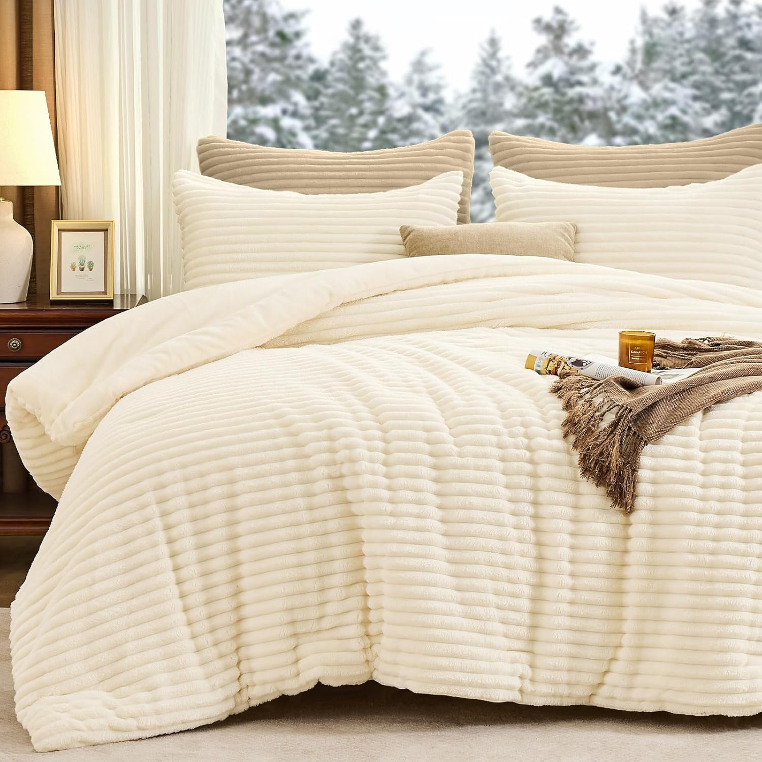 FUANNA Fluffy Queen Comforter Set 3 Pieces - Super Soft & Warm Fleece Queen Bed Set Cream White, Fuzzy Heavy Bed in a Bag Queen for Winter with 1 Comforter & 2 Pillowcases - Image 2