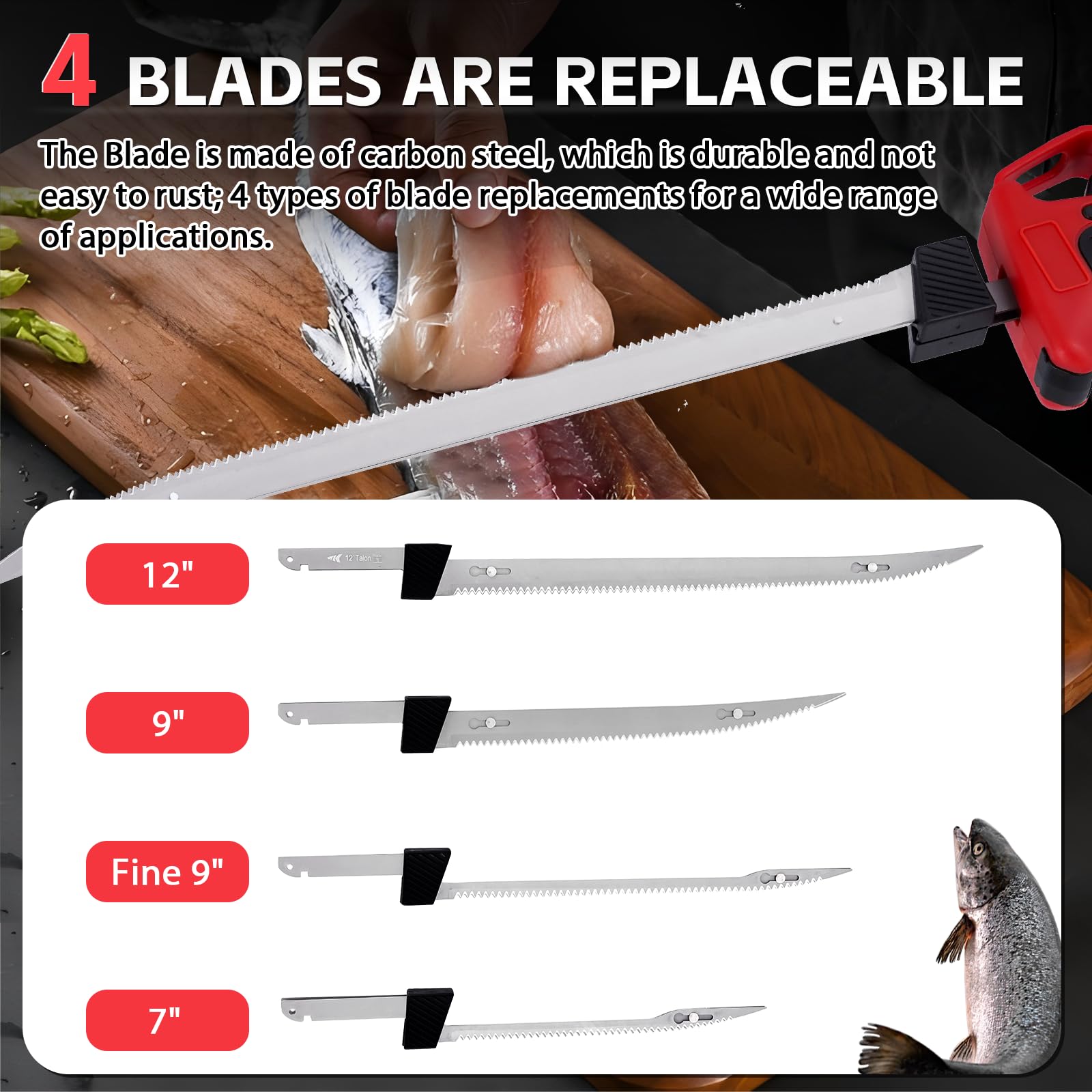 YUCHENGTECH Coltello da Filetto Elettrico per Pesce Coltello da Filettare a Batteria con 4 Lame in Acciaio Inossidabile, 2 Batterie Ricaricabili e Custodia per la Pesca, la Filettatura, L'outdoor
