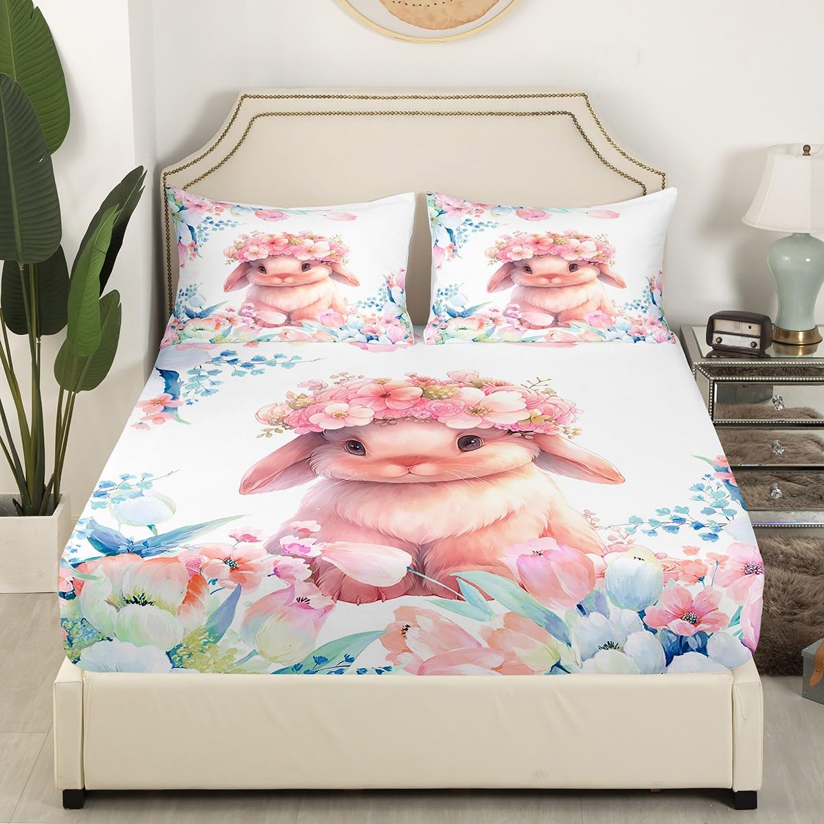 Feelyou Cute Rabbit Bedding Set - Twin Size Pink Cartoon Bunny Sheets & Pillowcase - View #4
