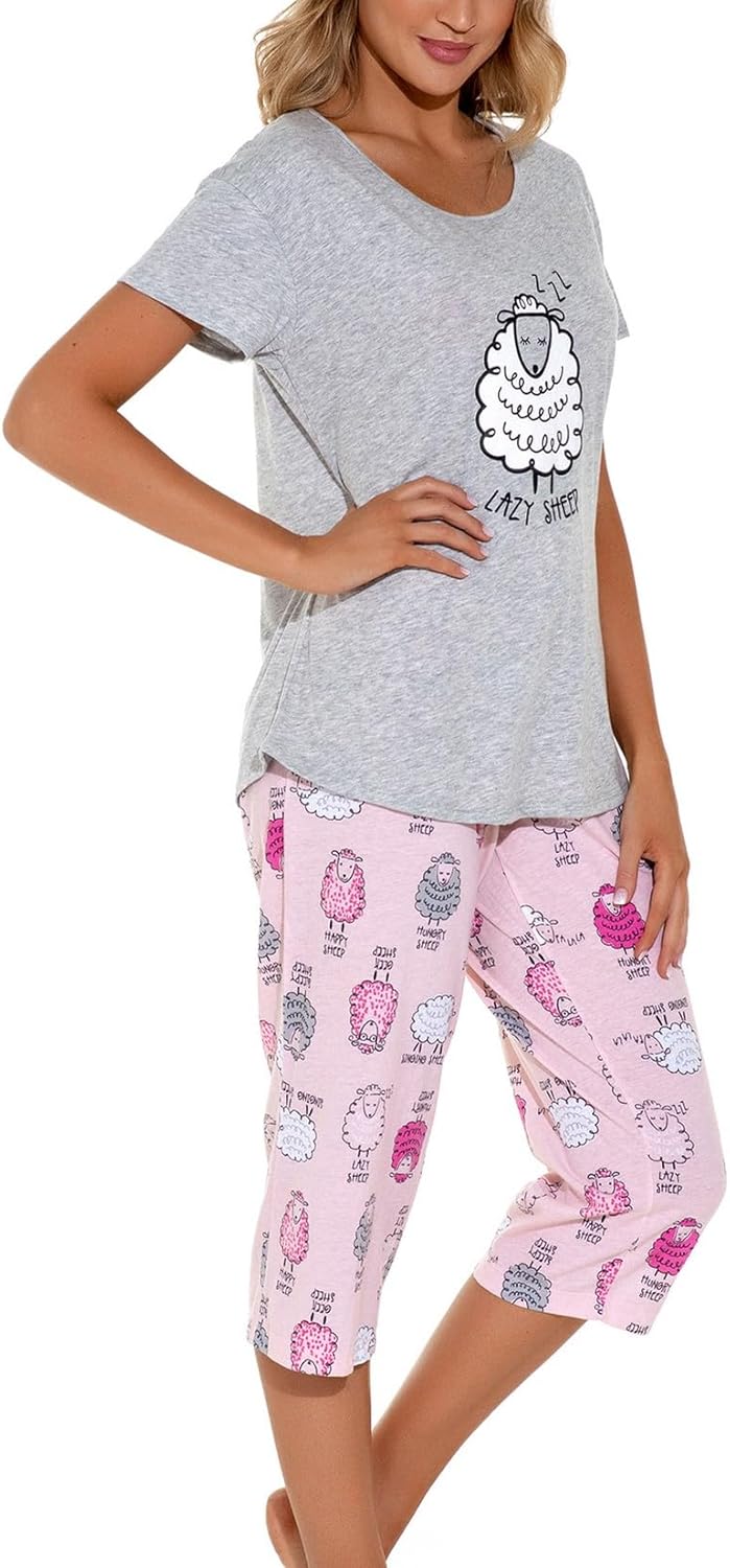 Lu's Chic Women's Cute Pajama Set Soft Cotton Capri Short Sleeve Comfy Pjs Pant Two Piece Sleepwear - Image 2