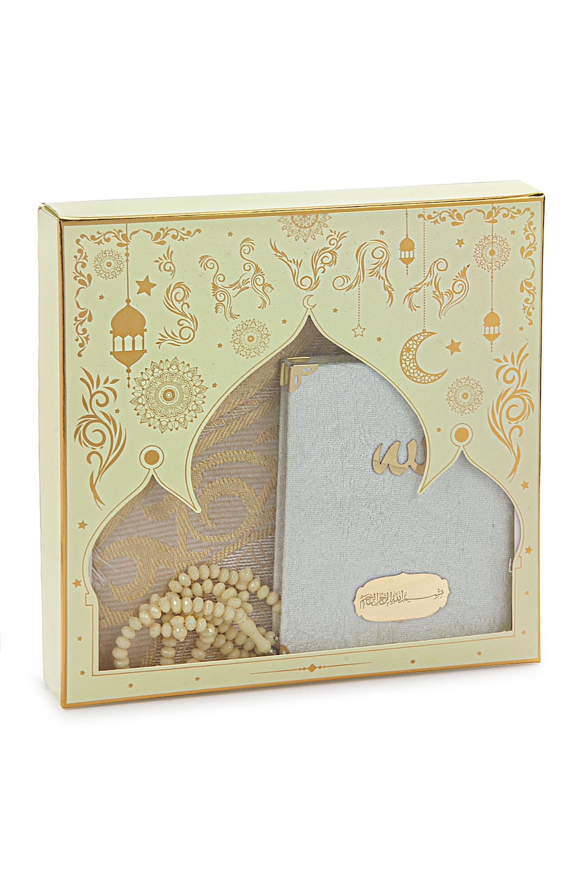 ihvan online Set regalo di preghiera per uomini e donne, tappeto da preghiera musulmano in taffetà, tappetino Salah, rosario con perline, set regalo islamico Yaseen rivestito in velluto, per Ramadan