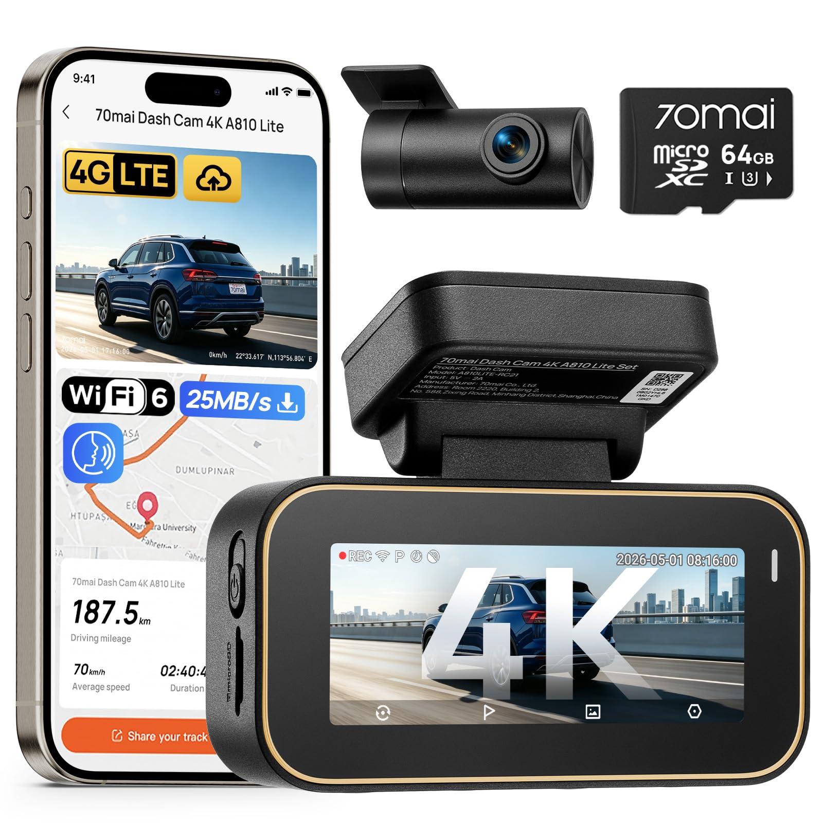 70mai A810 Lite Cámara de Salpicadero 4K Doble, WiFi 6 5GHz, 4G LTE Remoto, GPS, Visión Nocturna HDR, Vigilancia 24h Estacionamiento, Control por Voz, Bloqueo de Emergencia y Grabación Continua