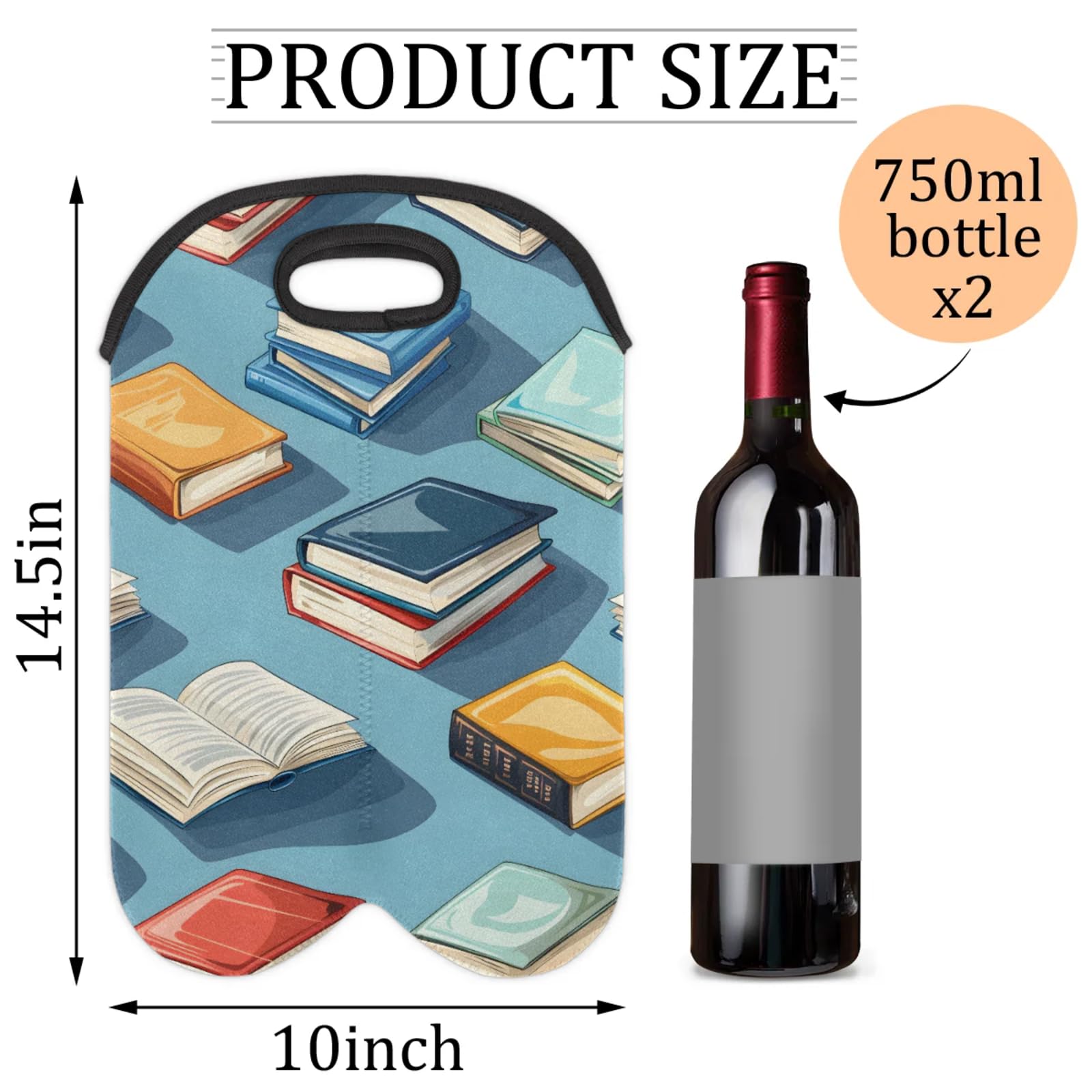 GzLeyigou 2 Bottles Books Wine Bag Sleeve Totes Neoprene Protective Wine Carrier Bag for Wine,Water, Champagne, Beer, Baby Bottles,Gift 14.5 x 10 Inches