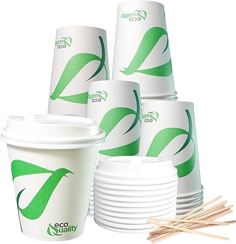 Vasos de papel compostables de 10 onzas con tapas de cúpula blanca y agitadores de madera, tazas de café de papel blanco biodegradables desechables Vasos de papel compostables de 10 onzas con tapas de cúpula blanca y agitadores de madera, tazas de café de papel blanco biodegradables desechables