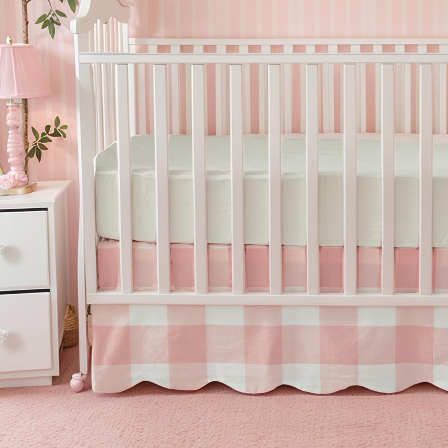 Brandream Scallop Edge Cotton Crib Skirt, Baby Boy Girl Gender Neutral Crib Skirt Toddler Bedskirt Farmhouse Chic Nursery Crib Bed Skirt, Boho Bohemian Light Pink Plaid Gingham
