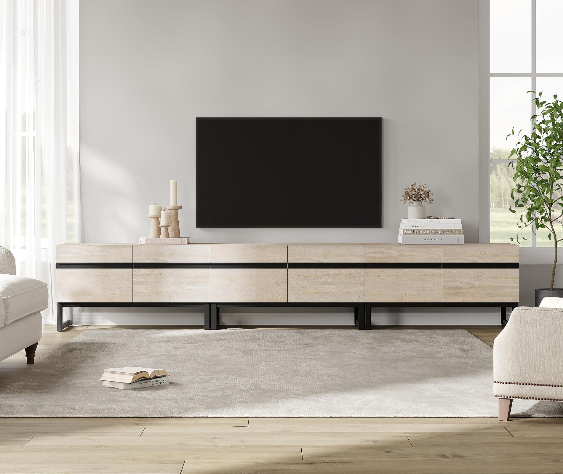 WAMPAT Modern TV Stand With Storage Cabinets for 110 Inch TV, Wood Entertainment Center Media Console Table With Metal Leg for Living Room Bedroom,