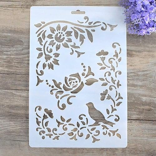 Plantilla decorativa de bricolaje para pintar en paredes, muebles y manualidades (flor de pájaro)