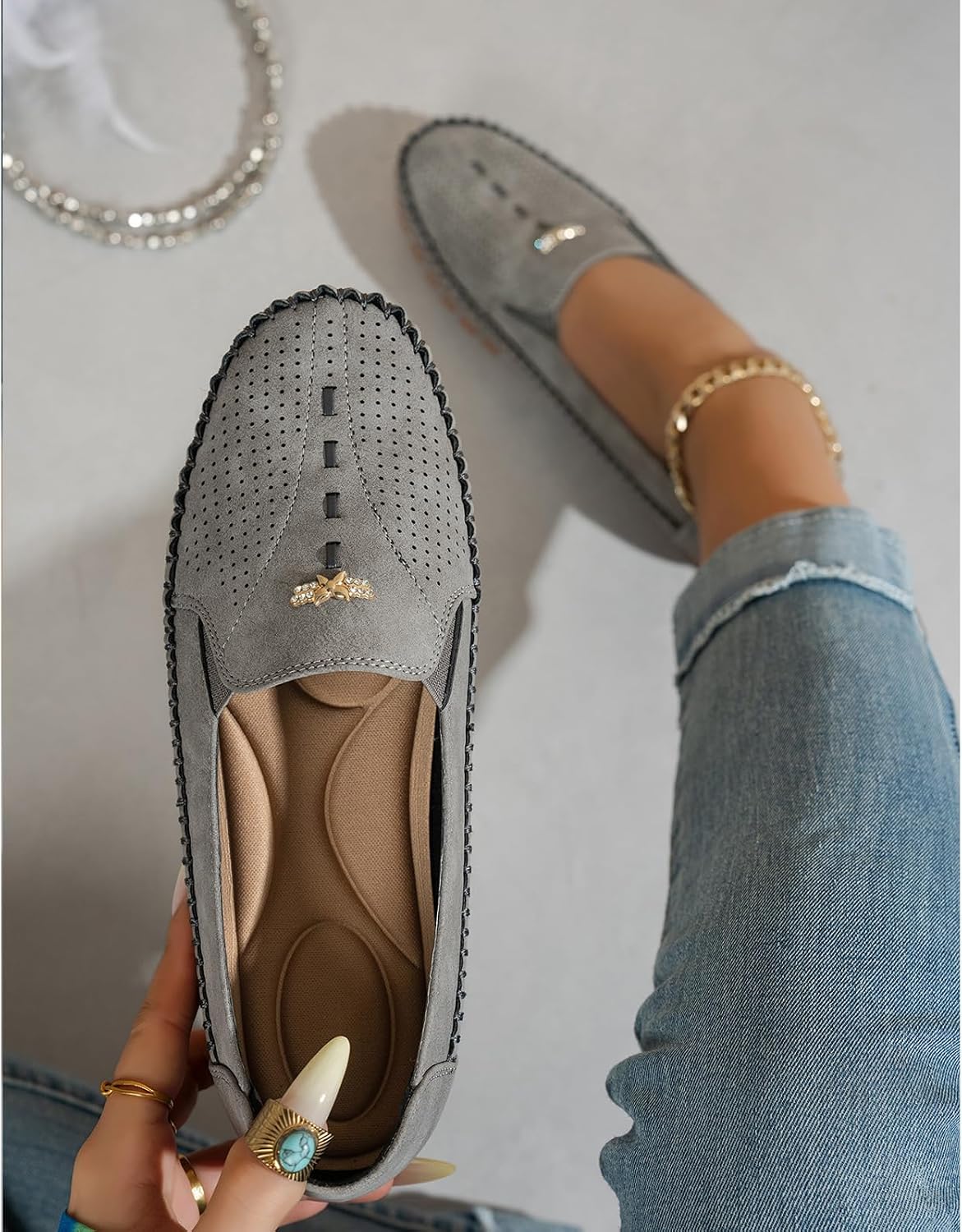 Women's Suede Penny Loafers Breathable Perforated Slip-On Moccasins Lightweight Soft Sole Non-Slip Hand-Stitched Flat Loafers