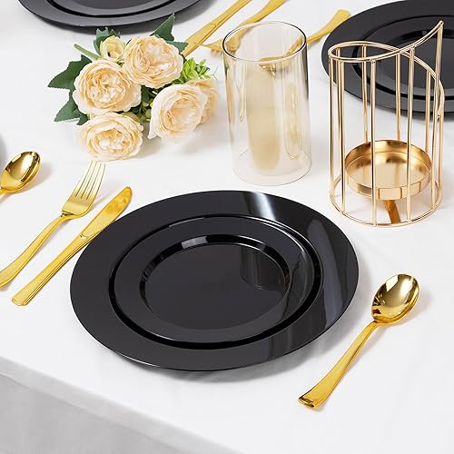 Miniatura 6 de 100 platos de plástico negro, platos de plástico desechables resistentes con 50 platos llanos de 10.25 pulgadas y 50 platos de postre de 7.5