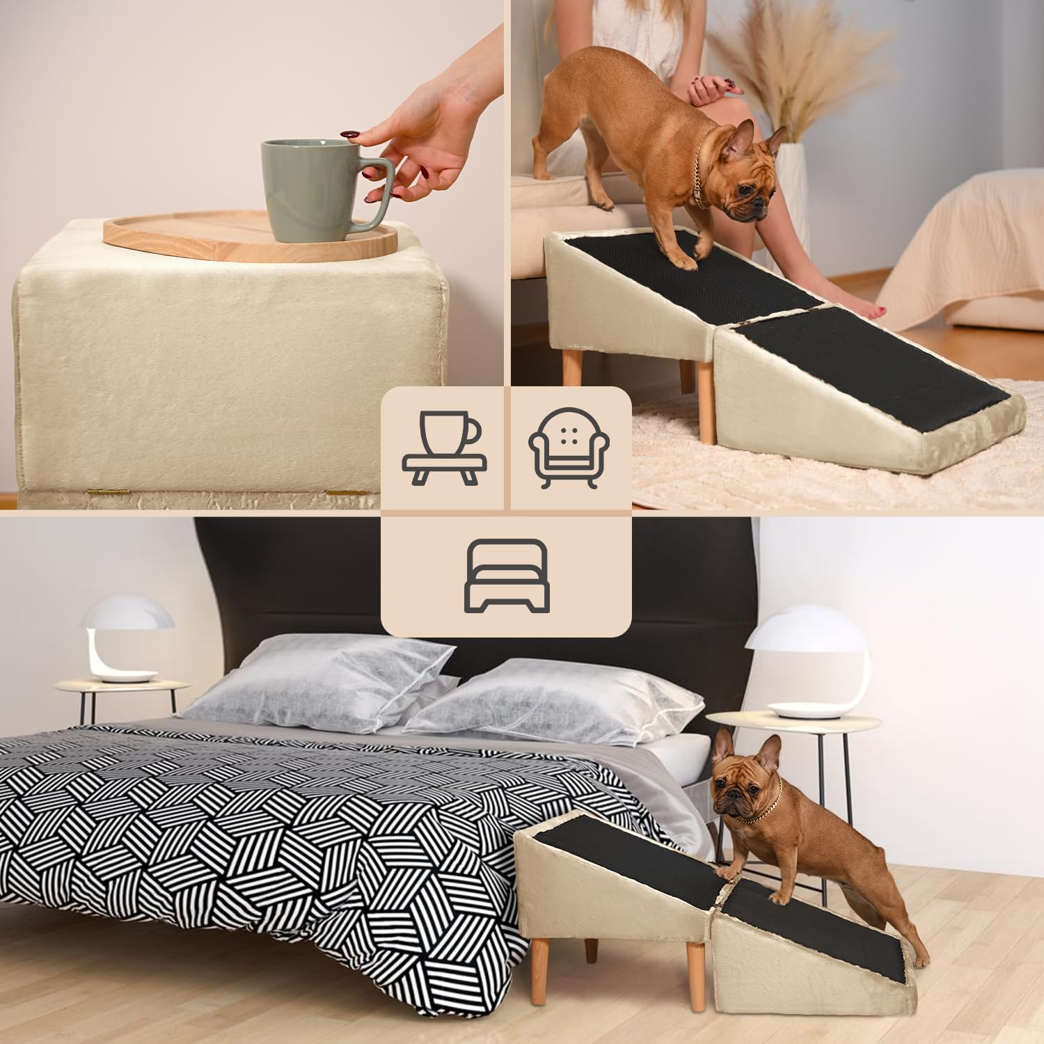 VELORA H&L Rampe pour Chien Beige - 2 en 1 Pouf et Rampe pour Chien, Escalier Pliable, Structure en Bois Robuste, Revêtement en Velours, Surface Antidérapante pour Chiens et Chats