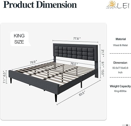 Miniatura 6 de SUNLEI Base de cama con cabecera capitoné con botones cosidos cuadrados, marco de cama tamaño King con espacio de almacenamiento de 12 pulgadas y