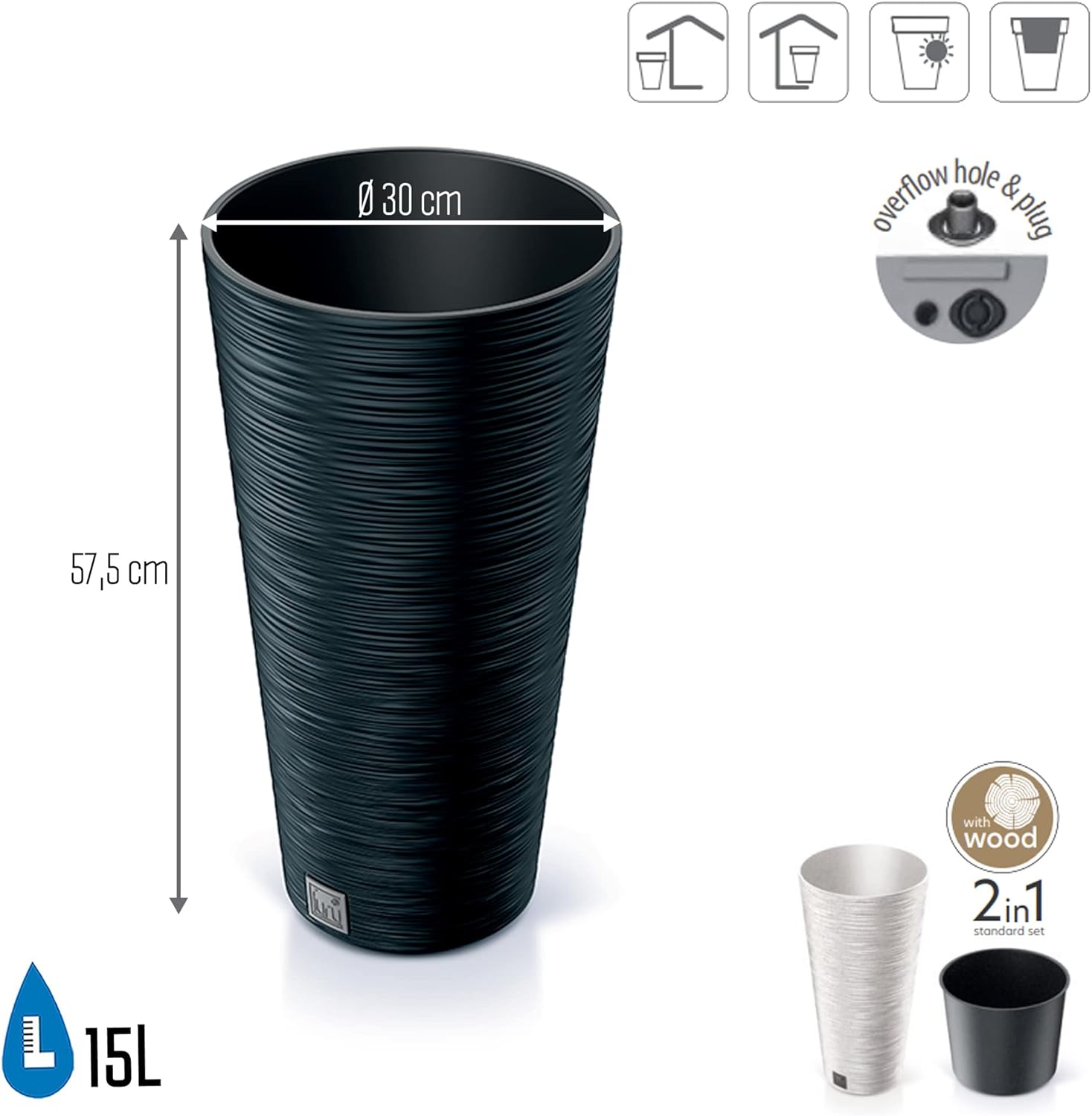 Prosperplast Furu Collection 30 x 30 x 57.5 cm Anthracite Planter with Reservoir, 15 Litre Capacity, 30 x 30 x 57,5 cm