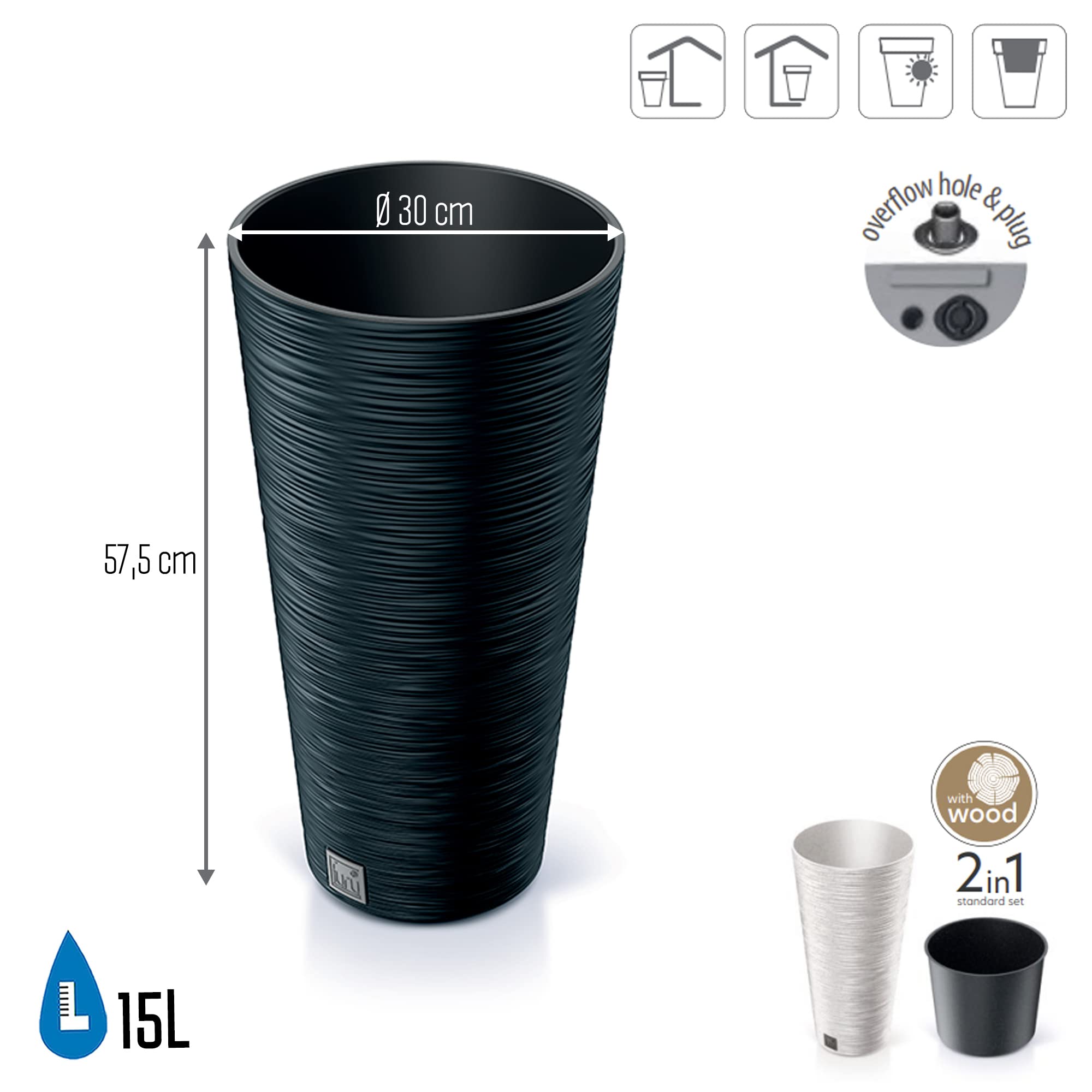 Pot de fleurs rond avec reserve d´eau 15 L anthracite - FURU