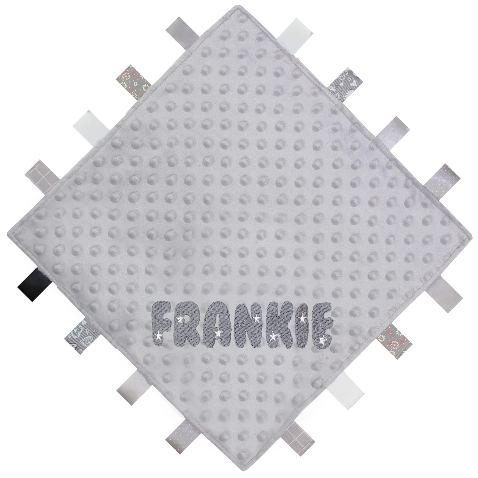 TeddyT's Personalised Name Star Baby Taggy Blanket Comforter (Grey)