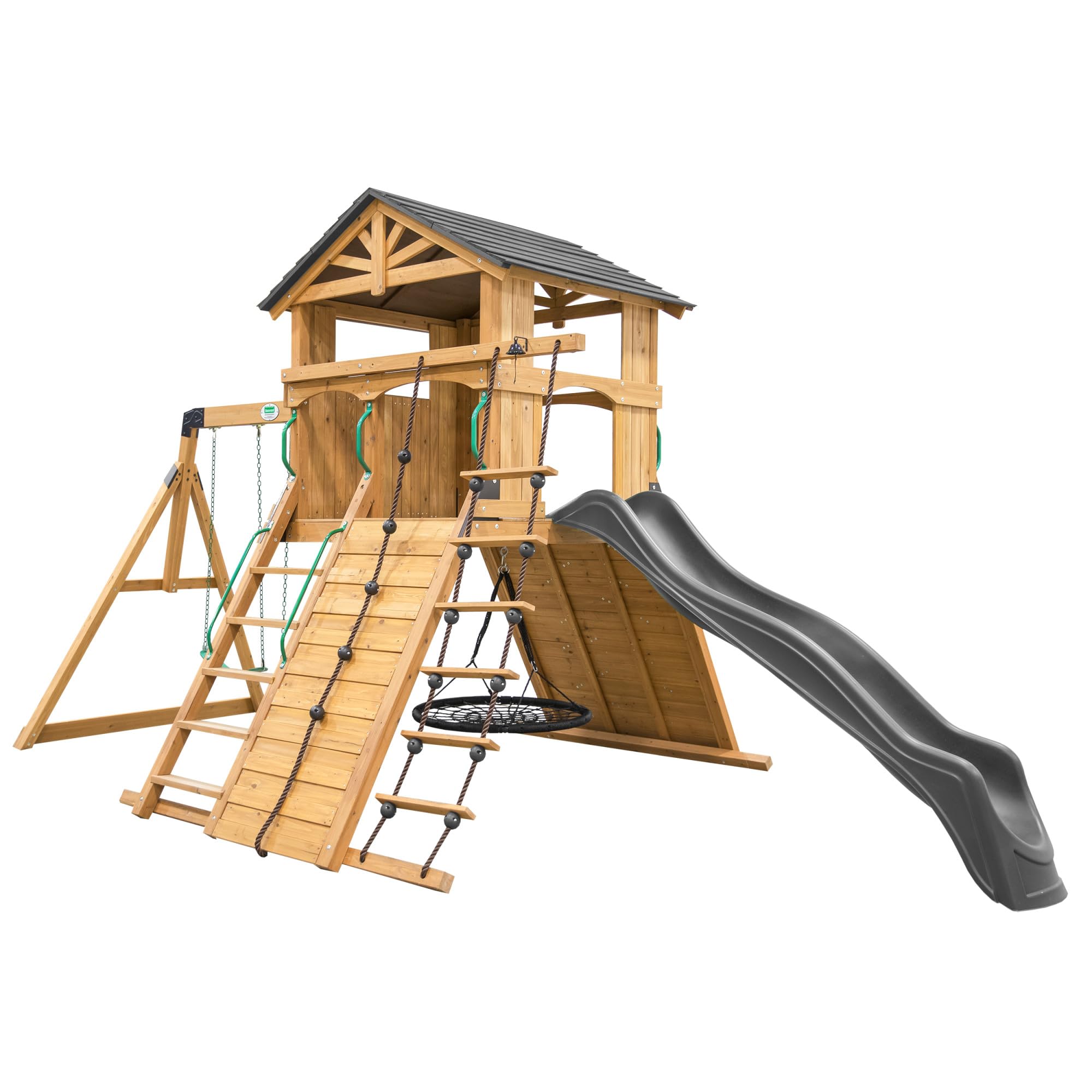 Endeavor Cedar Wood Swing Set with Wave Slide, Play Deck, Double Rock Wall, Rope Ladder, Climbing Wall, Belt Swings, 40-Inch Web Swing, Step Ladder, Toy Telescope, Outdoor Playset