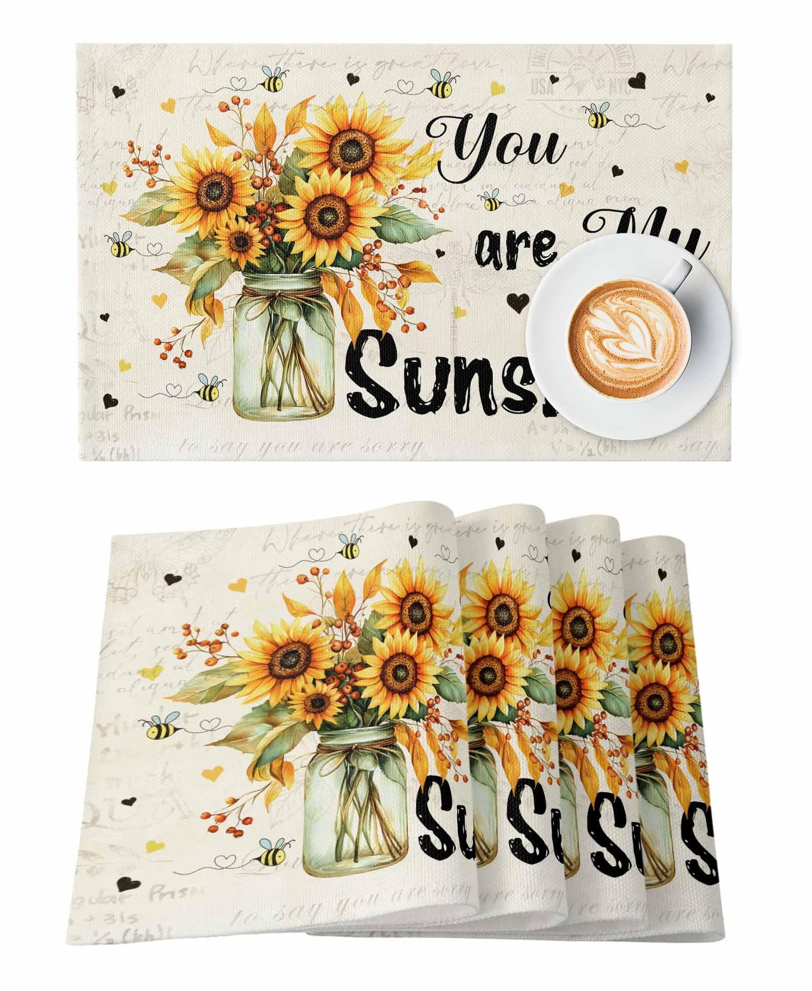 Farmhouse Sunflower Bee Placemats Set of 6 Washable Table Mats for Kitchen Dining Table, Cotton Linen Place Mats for Indoor Outdoor Parties Holiday Decoration, Vintage