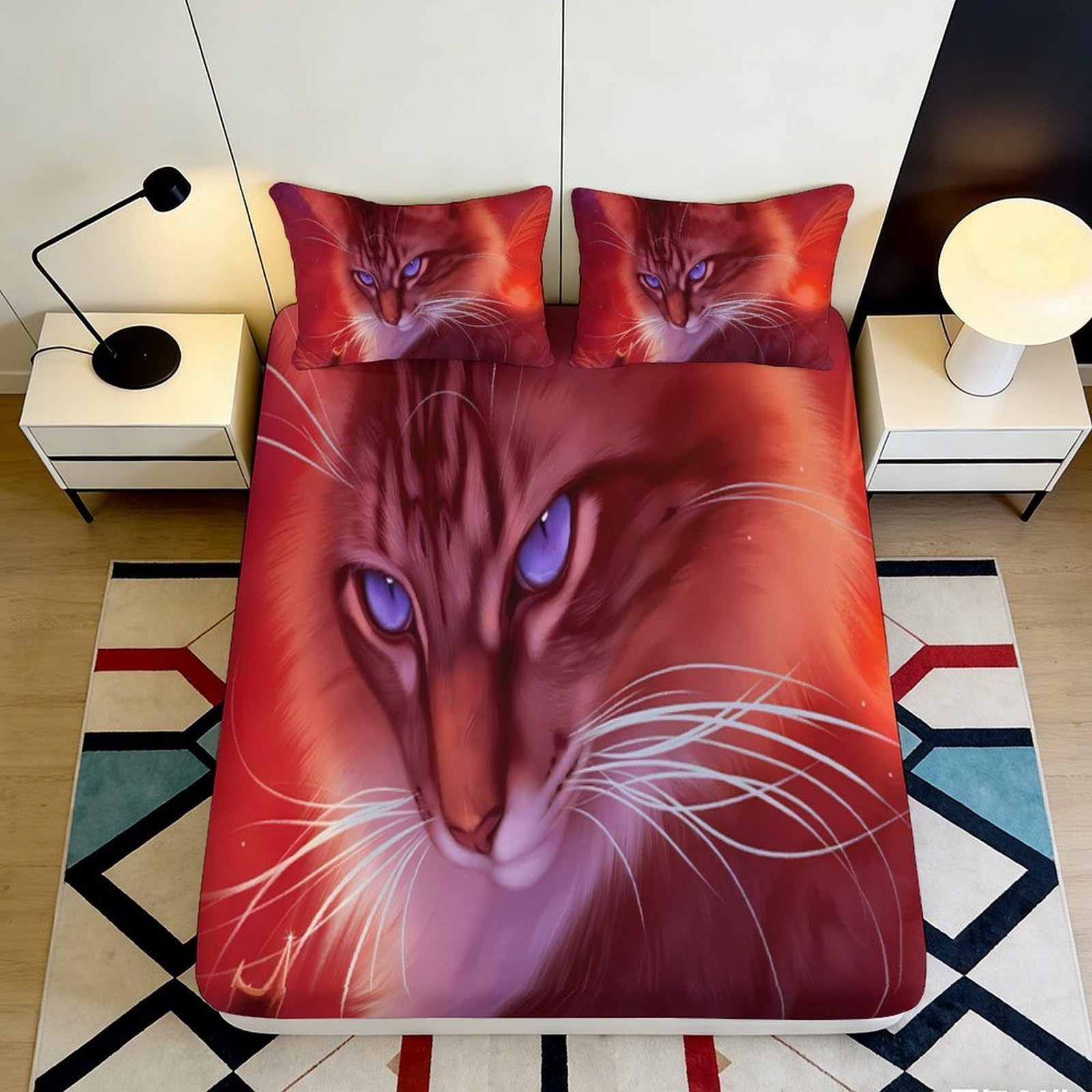 3D Printed Red Cat Face Fitted Sheet Microfiber Soft Breathable Purple Eyes Bed Cover for Bedroom Dormitory Guest Room Mattress Protection Decor 200x200x25cm