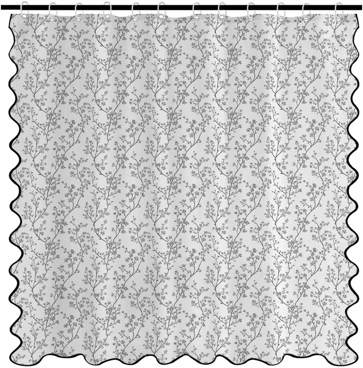 Grey Flower Leaf Shower Curtain with Black Scalloped Border Cute, Botanical Plant Floral Tree Branch Bathtub Curtain Waterproof Fabric Boho Hotel Style Bathroom Decor with Hooks Washable, 72"W x 72"H