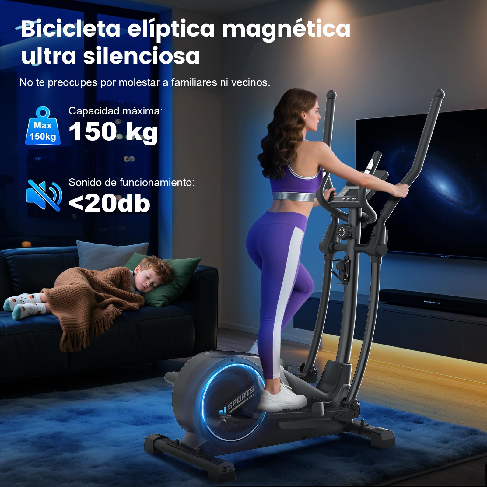 Neezee Eliptica para Casa, Elíptica Ultrasilenciosa con 16 Niveles de Resistencia, Volante de 8 kg, Zancada de 16,5 Pulgadas, Pantalla LCD Multifunción, Sensores de Pulso, Soporta hasta 150kg