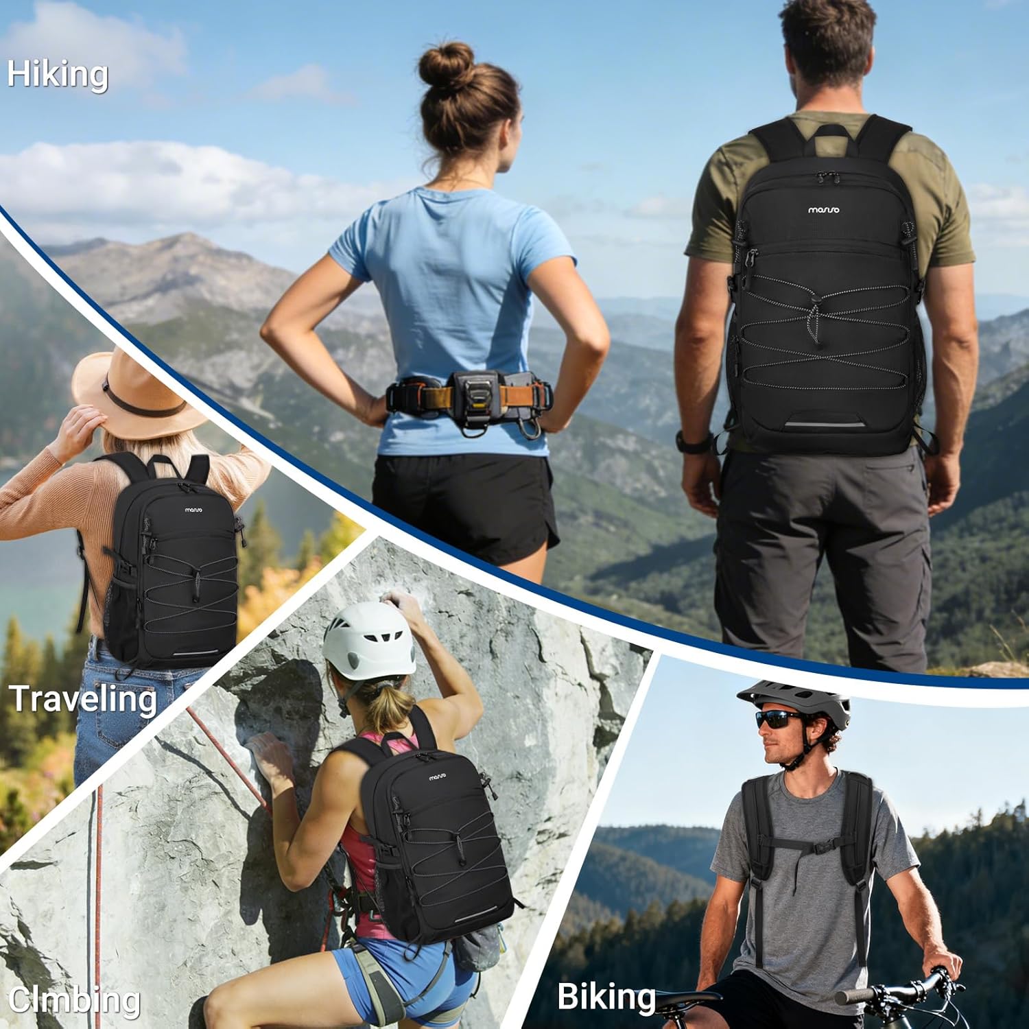 MOSISO Small Hiking Backpack for Men Women, Lightweight Hiking Backpack for Travel, Water Resistance Backpacks with 2 Front Pockets&Elastic Cord Strap for Camping Cycling Hiking Daypack, Black