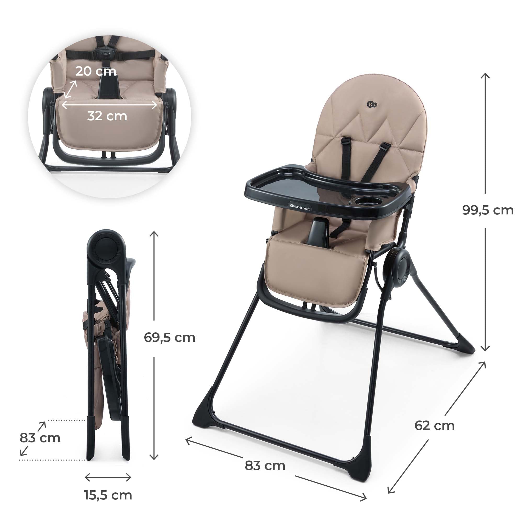 Kinderkraft BINCI, Trona Bebé, Ligera y plegable, con Bandeja, reposapiés y Arnés de 5 puntos, Ideal para Espacios reducidos y Viajes, Beige