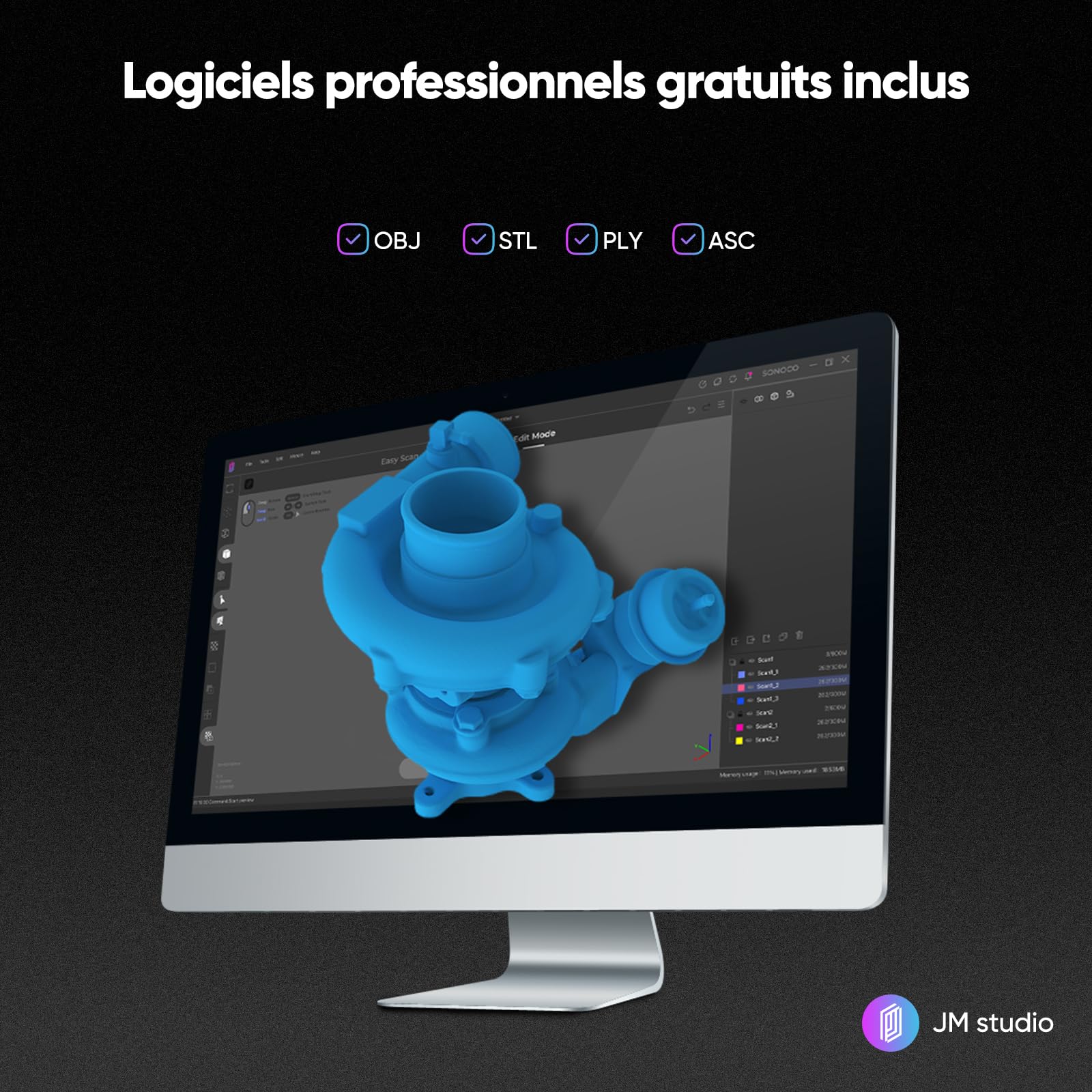 Scanner 3D portable Moose Lite pour imprimante 3D, précision détaillée élevée de 0,05 mm, numérisation haute vitesse à 10 FPS avec lentille anti-vibration, scanner pour modèles 3D - Paquet standard