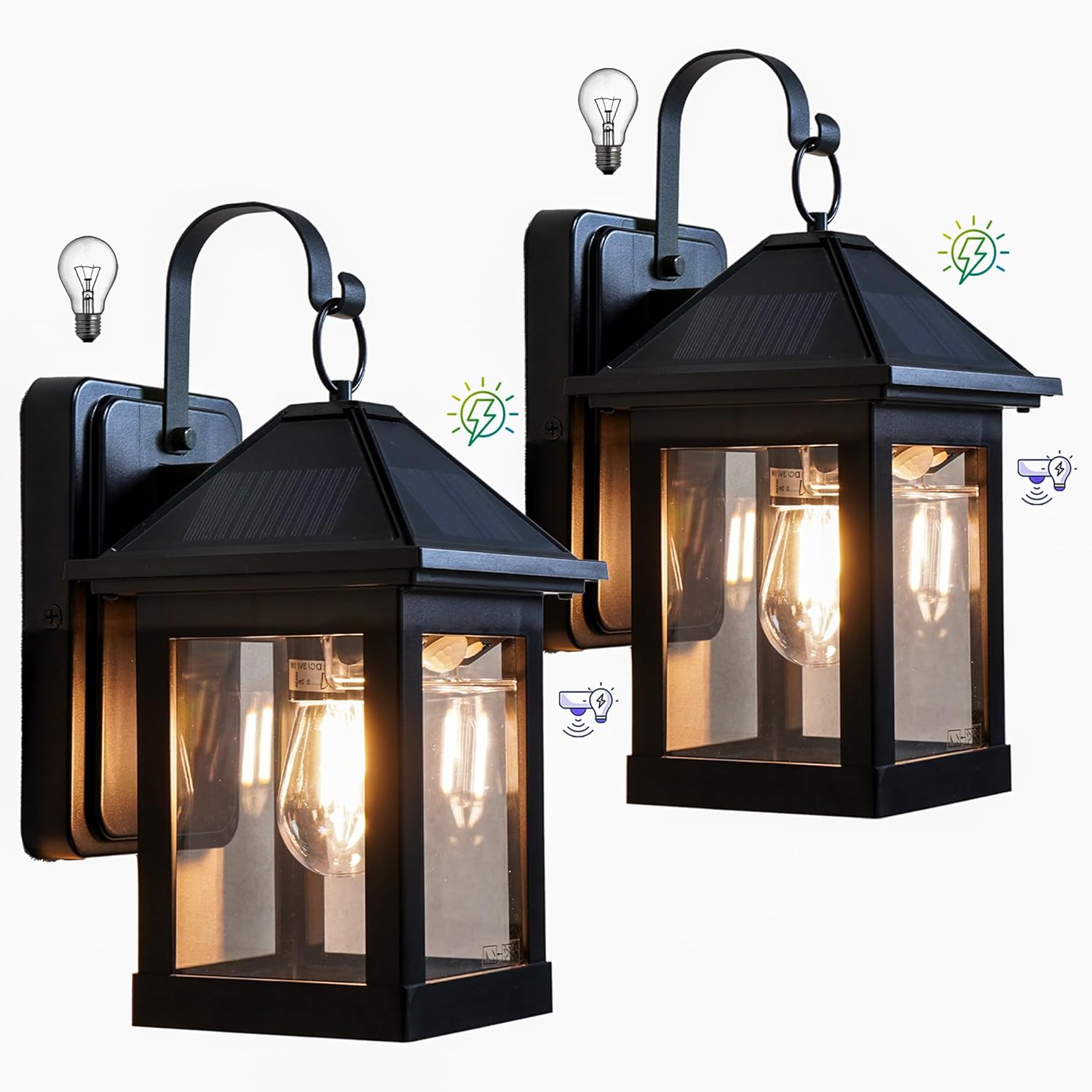 2025 New 2 Pack Solar Outdoor Wall Lights for Fence Front Door Waterproof Dusk to Dawn Motion Sensor LED Sconce with 3 Modes,3000K E26 Bulb Included,Exterior Porch Lamps Wall Mount Patio Decorative
