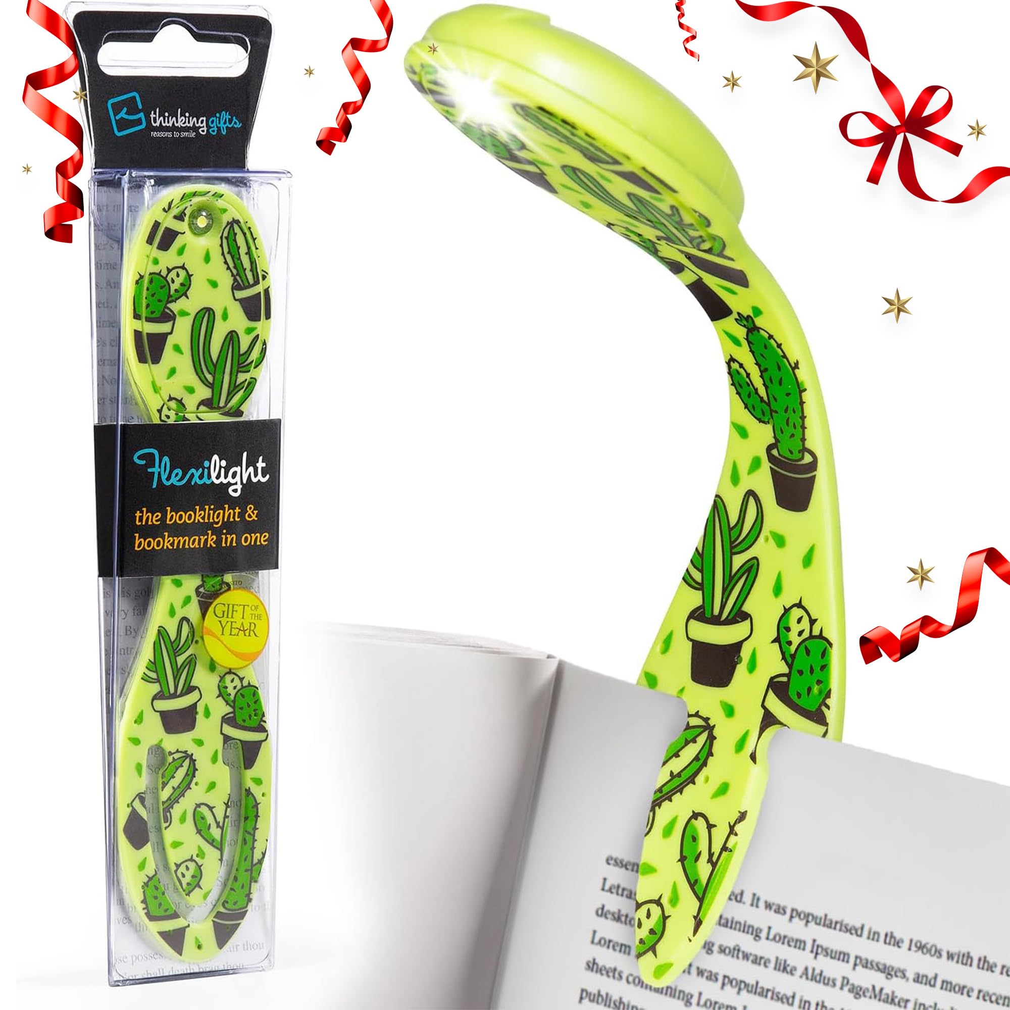 Gifts For Readers & Writers Cactus Book Light, Clip On Reading Light For Bed, 2In1 Flexilight & Bookmark, Small & Lightweight With A Soft Glow, 2 Batteries Included,