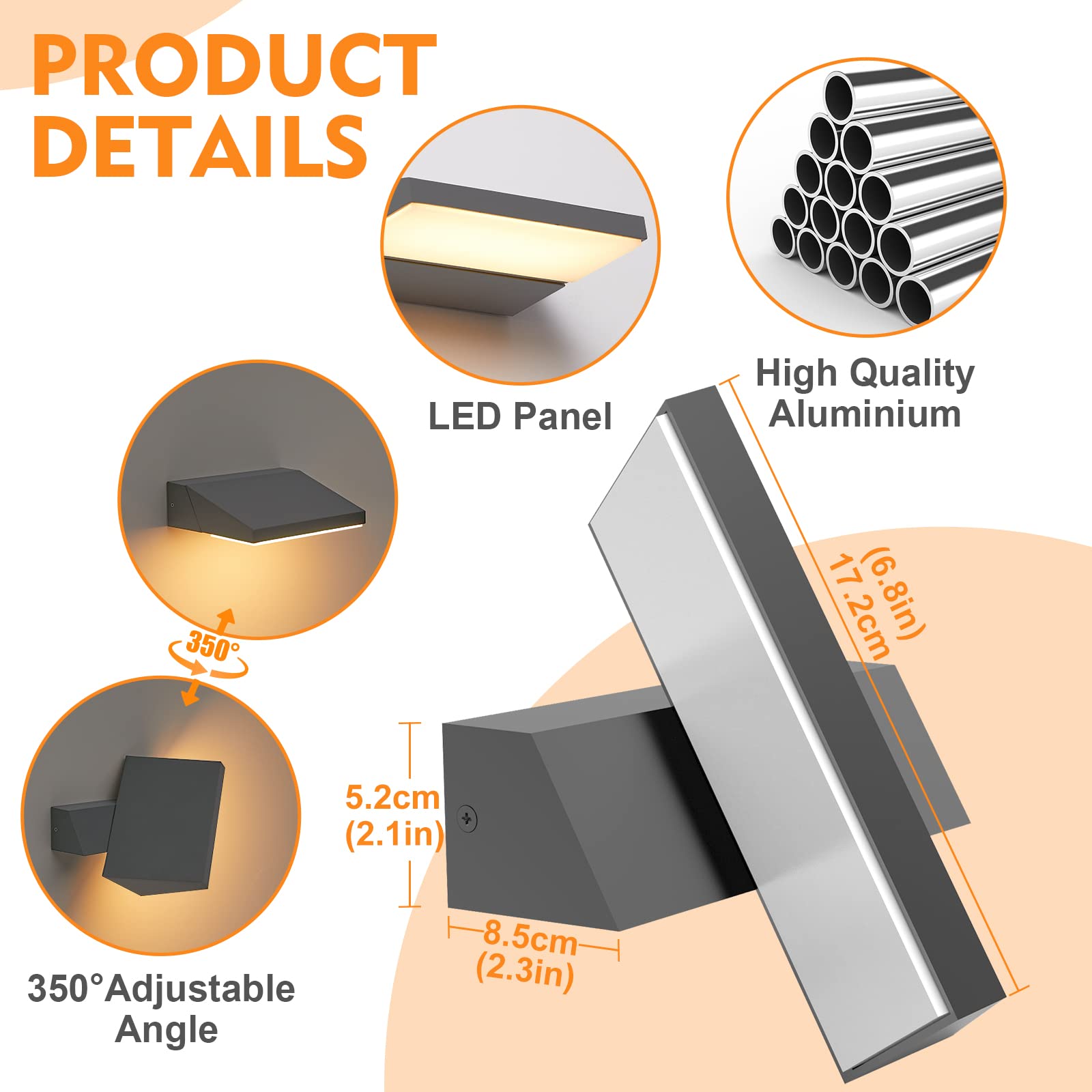 Aplique LED Exterior - Lámpara Moderna 11W, IP65 Impermeable, 2700K Blanco Cálido, Aluminio, Ángulo Ajustable, Gris
