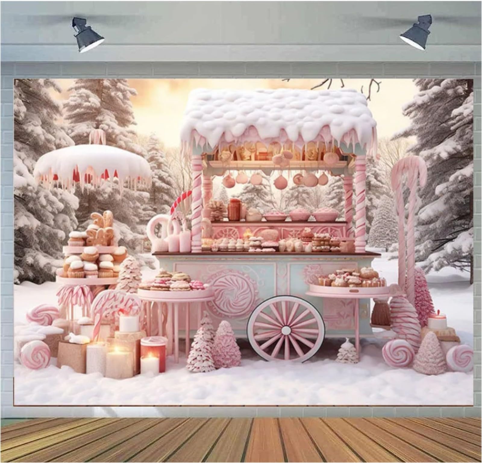 7x5ft Pink Christmas Photographic Background Winter Snow Candy Shop Pine Tree Girl Family Party Portrait Decoration Backdrop Photo Gallery