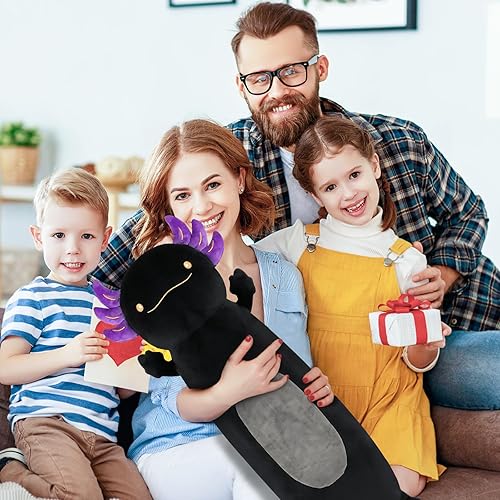 Miniatura 4 de Dalmao Peluche de ajolote negro de 36 pulgadas, suave y larga, almohada de peluche para abrazar, regalo para niños, cumpleaños, San Valentín, Pascua