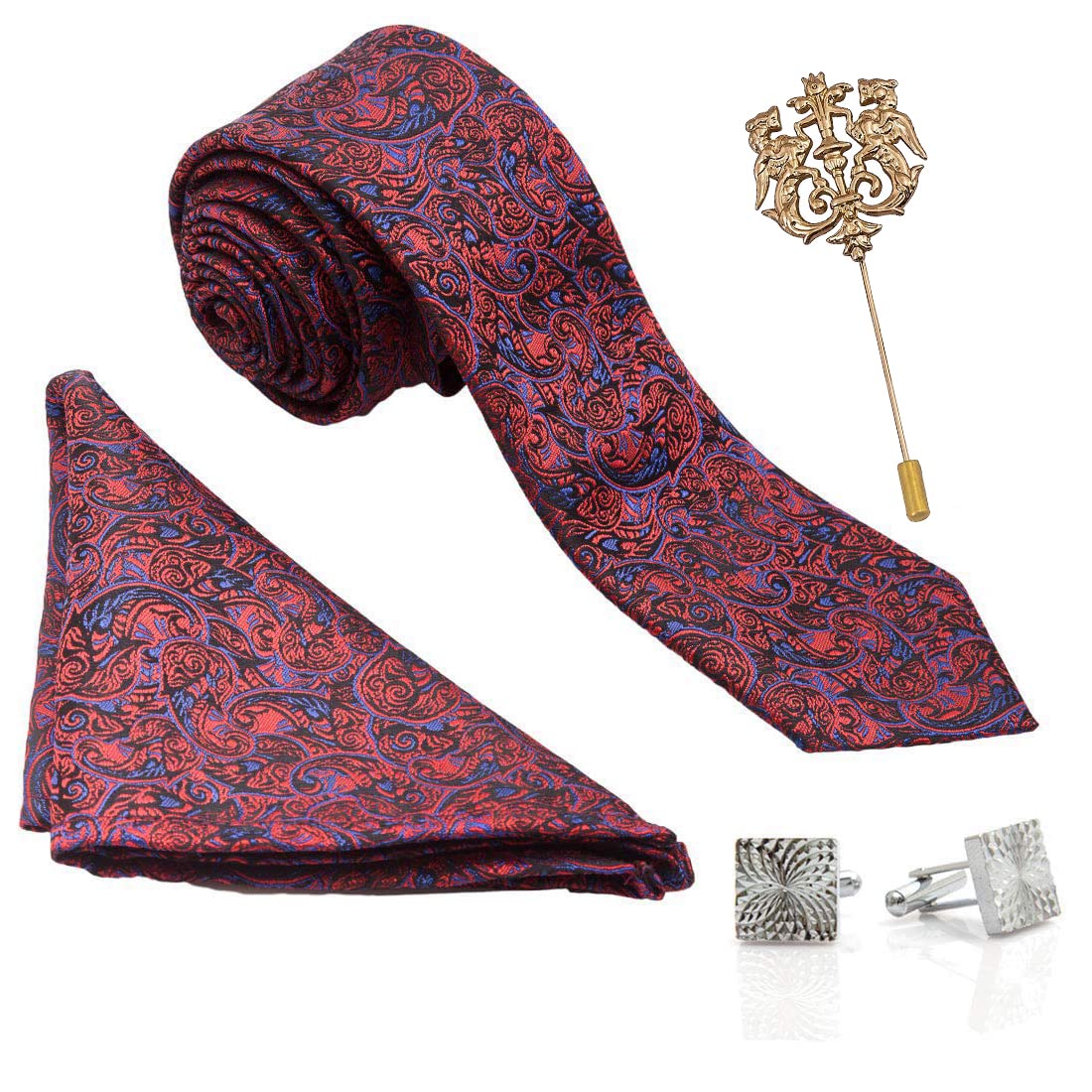 to the nines Red Polyester Men's Tie, Pocket Square, Lapel Pin & Cuff links Set-picture-42