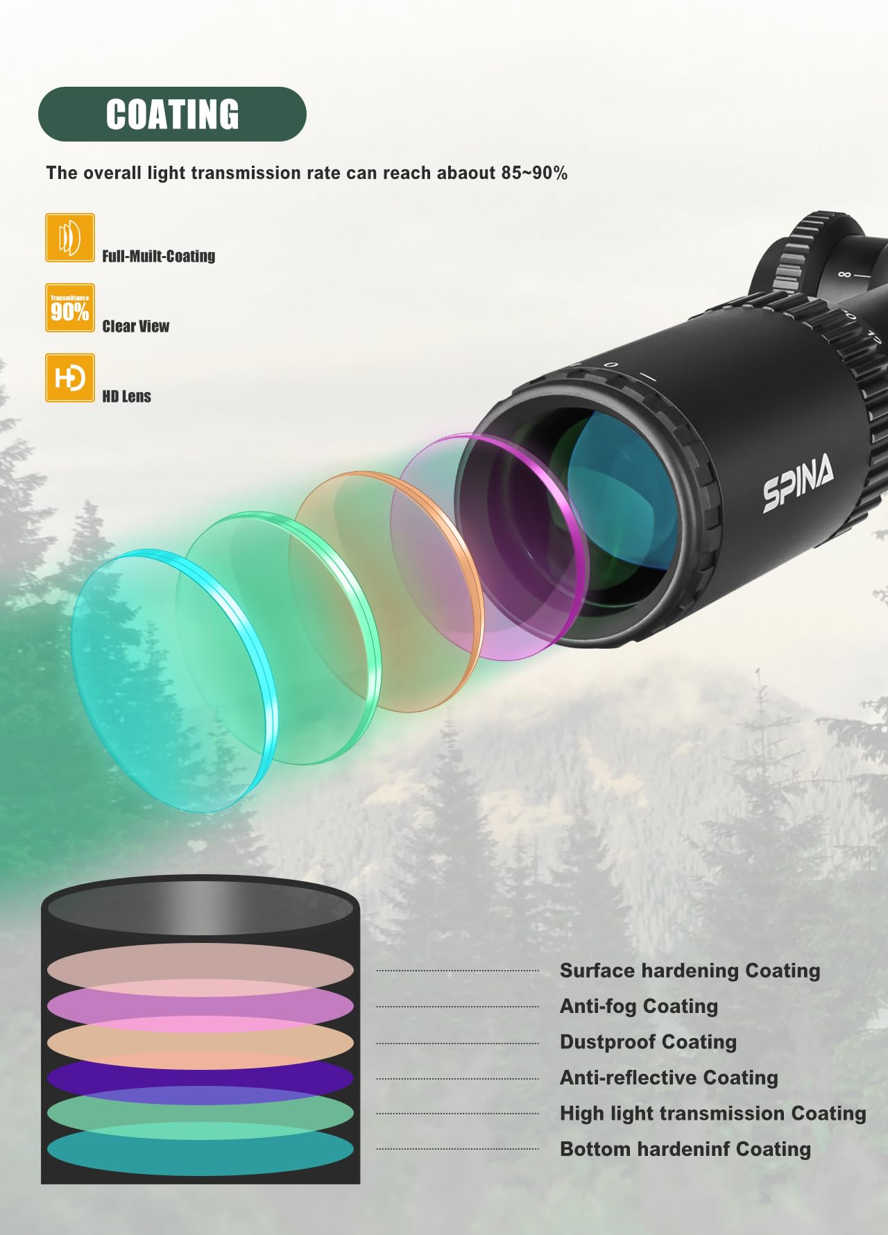 SPINA OPTICS 5.5-22x56 FFP Lunette de visée- 1 / 10mil Premier Focal Plane viseur avec Filet d'éclairage, Pare - Soleil, Roue parallaxe