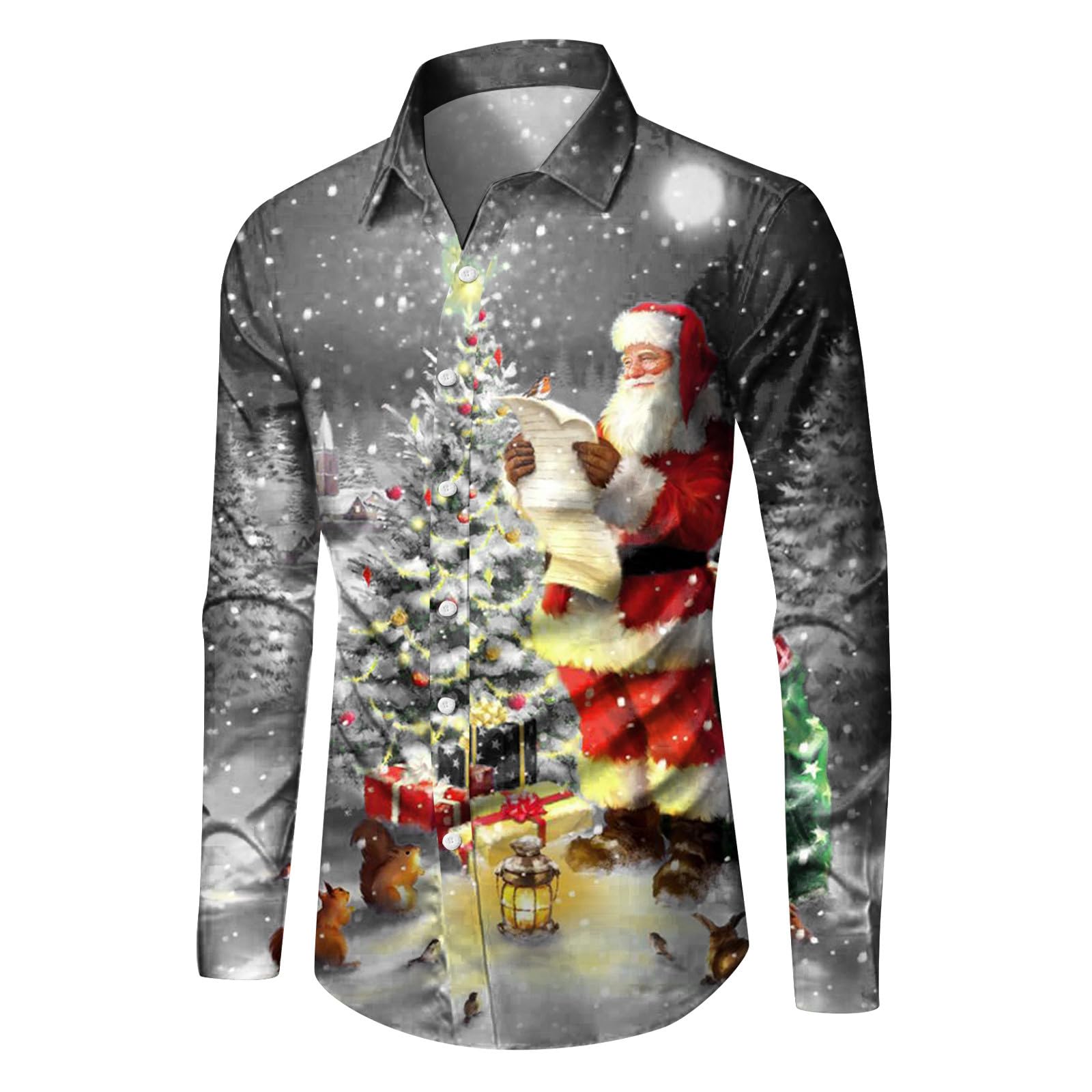 Chemise De Noël Homme - Manches Longues, Imprimé Festif, Coupe Slim, Sans Repassage - Idéal Pour Fêtes, Soirées Déguisées